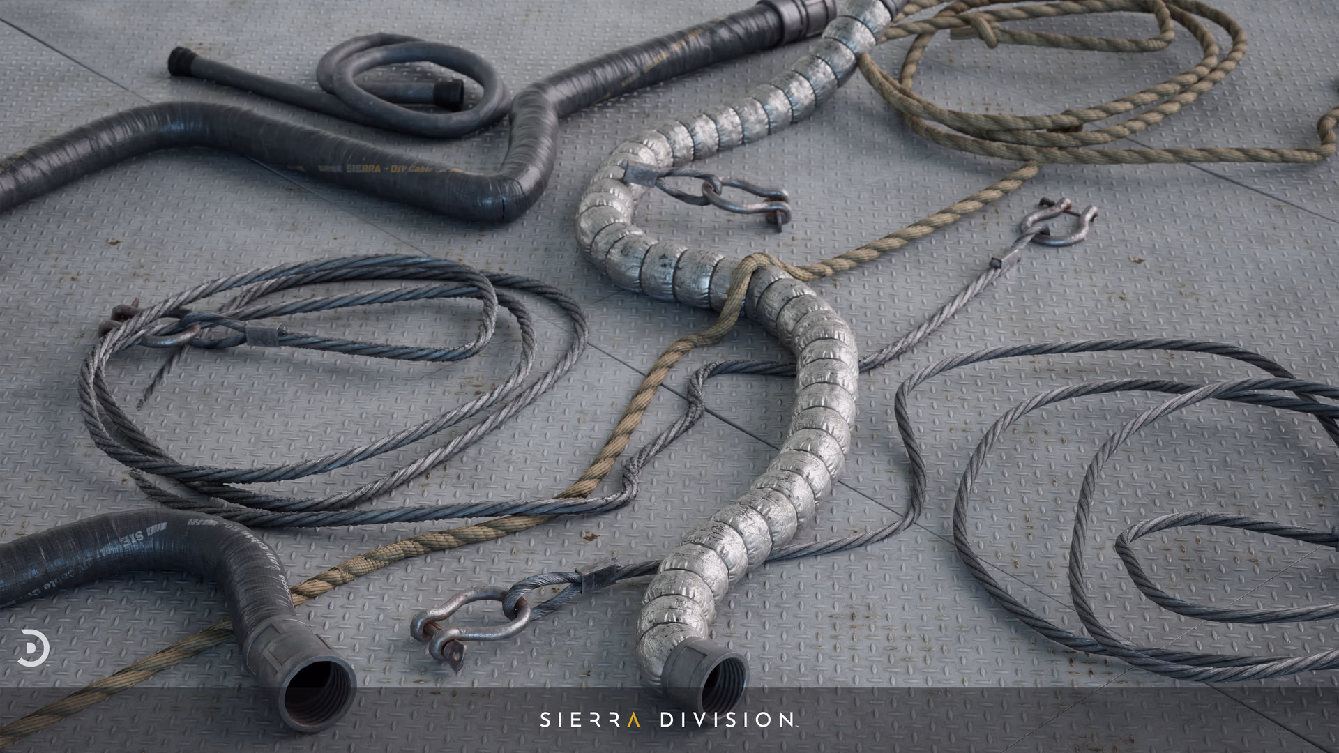 Coiled rubber hoses, braided steel cables and frayed rope on scuffed metal diamond-plate floor, realistic 3D