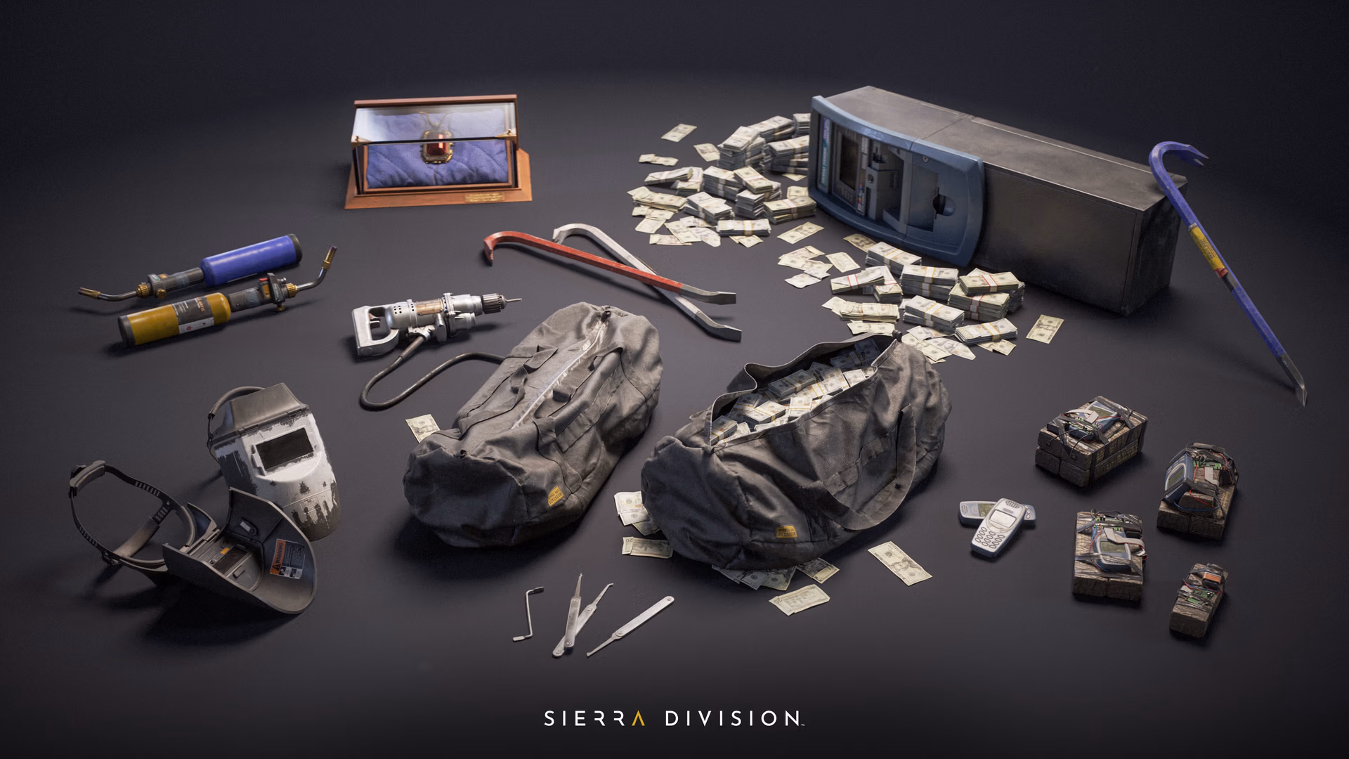 Heist tools on dark tabletop: crowbars, duffel bags spilling cash, safe, drill, torches, masks, explosives — stylized 3D