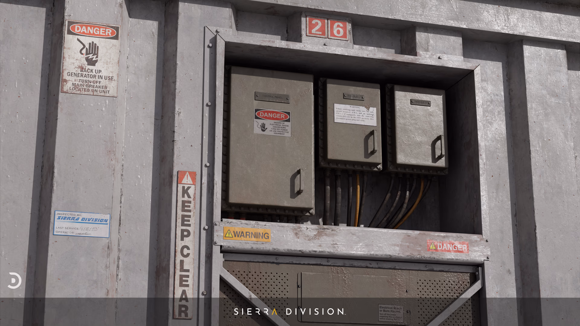 Weathered industrial electrical control boxes and conduit mounted in corrugated metal wall with warning labels realistic
