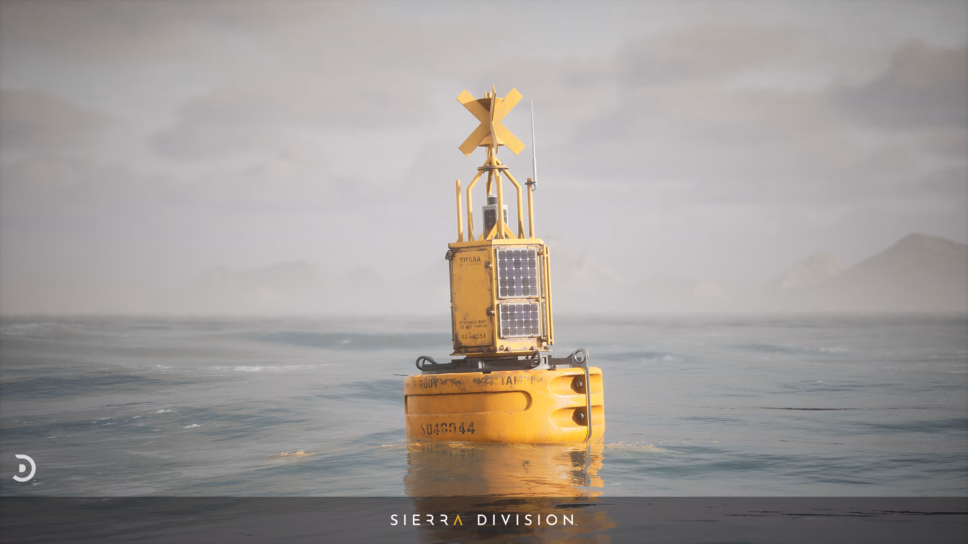 Yellow research buoy with solar panels, antenna and X-top floating on calm sea with foggy distant mountains, photoreal 3D