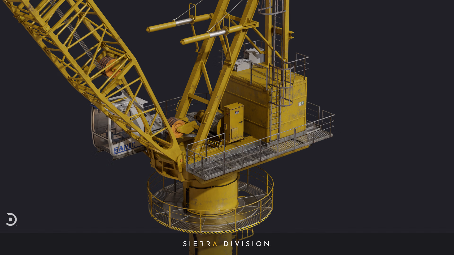 Yellow industrial crane top section with lattice boom, operator cab, winches, catwalks and ladders, weathered realistic 3D