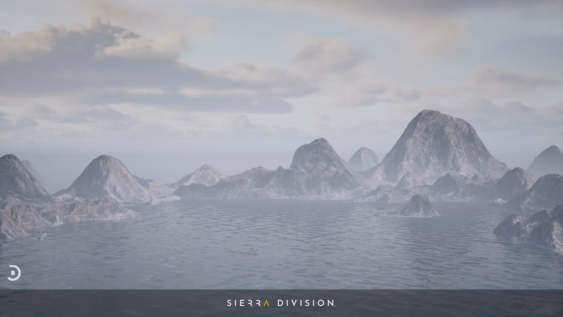 Foggy coastal mountain range rising from a calm ocean, soft pastel sky, realistic photoreal 3D environment art