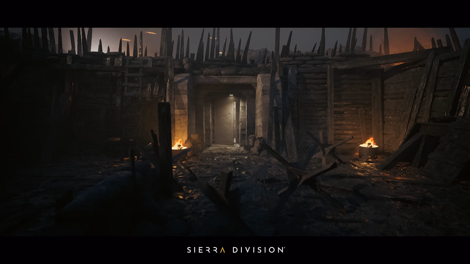 Dim WWI trench compound interior with sandbagged parapet, splintered wooden supports, brazier fires, metal doorway