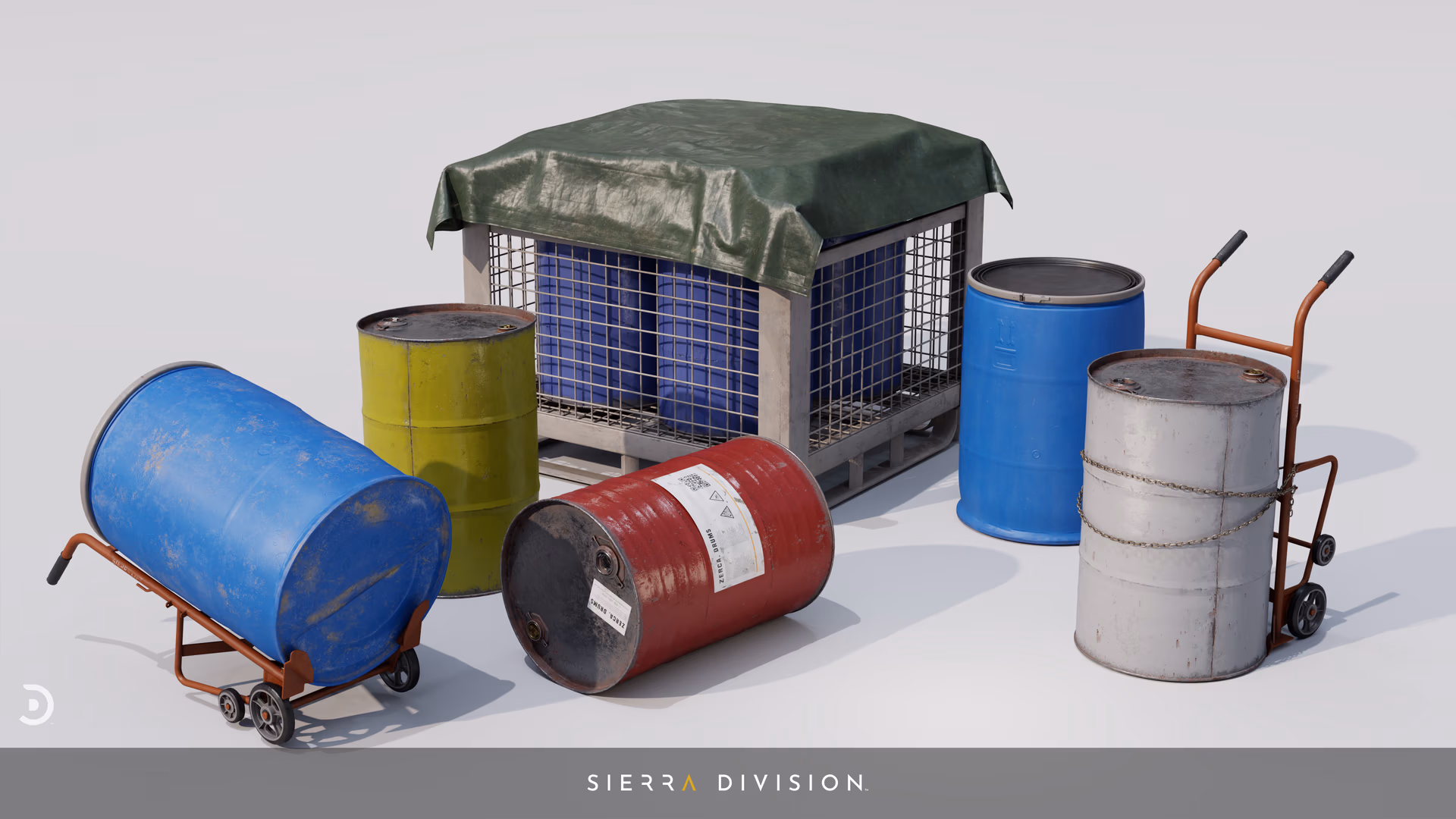 Metal storage cage with blue crates under green tarp, assorted rusty and painted barrels and dolly hand trucks, photoreal 3D