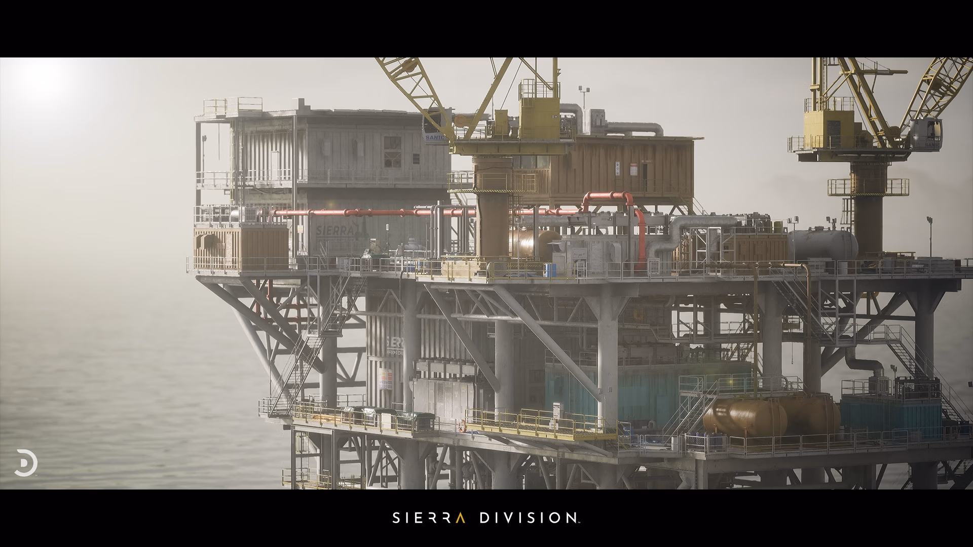 Industrial sci-fi modular offshore oil rig platform with yellow cranes, red piping, storage tanks and metal walkways