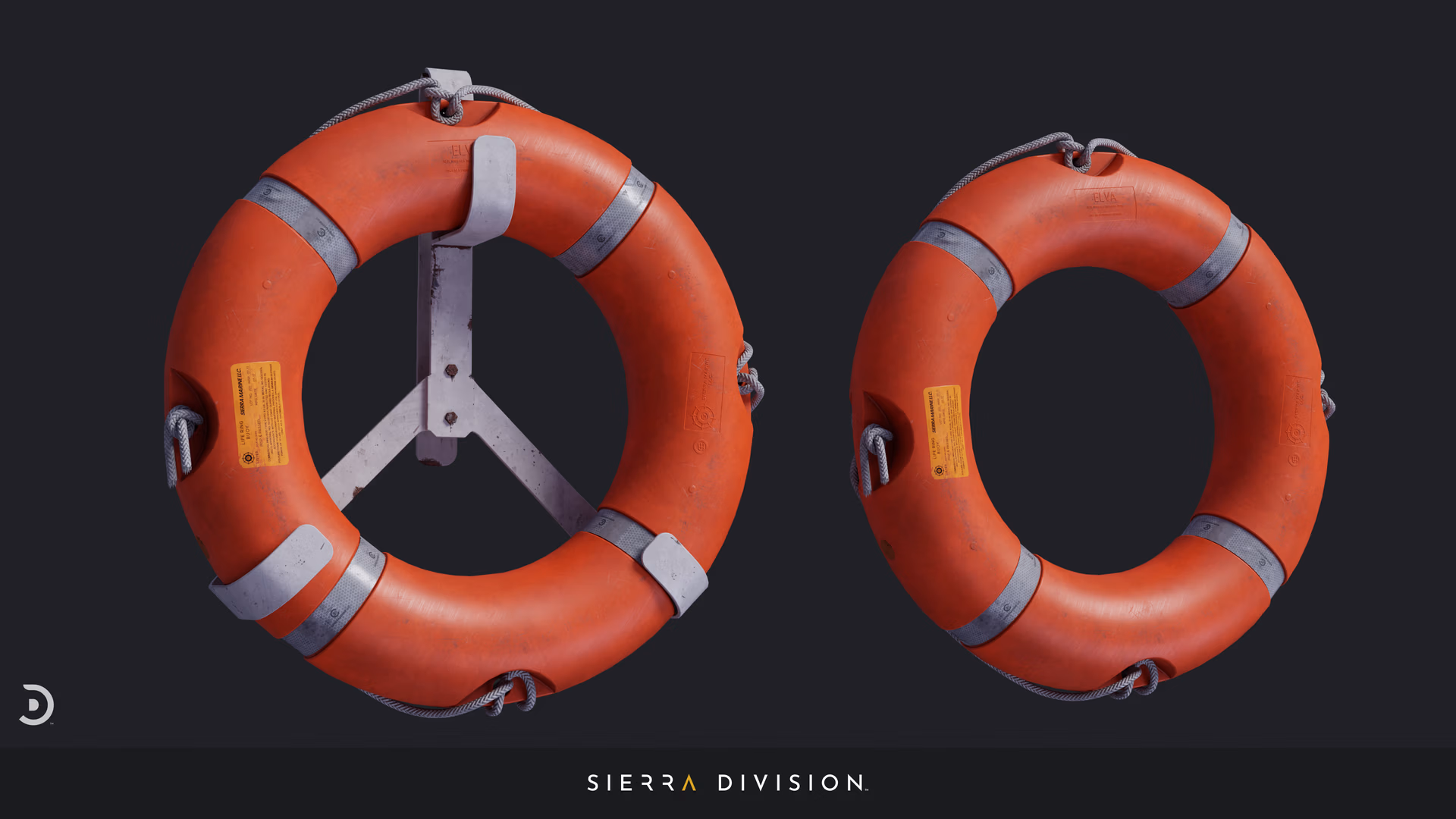 Two weathered orange life rings with ropes and metal brackets on dark background, photorealistic 3D render
