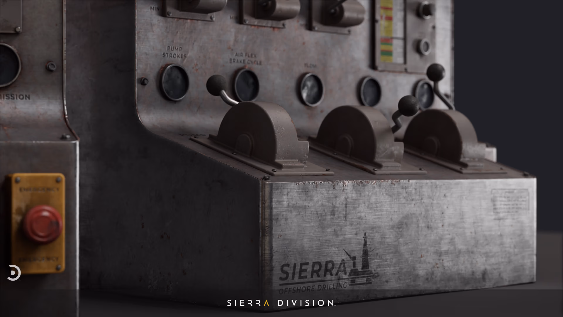 Rusty industrial control console with three metal lever housings, round gauges, emergency stop button, realistic textured 3D