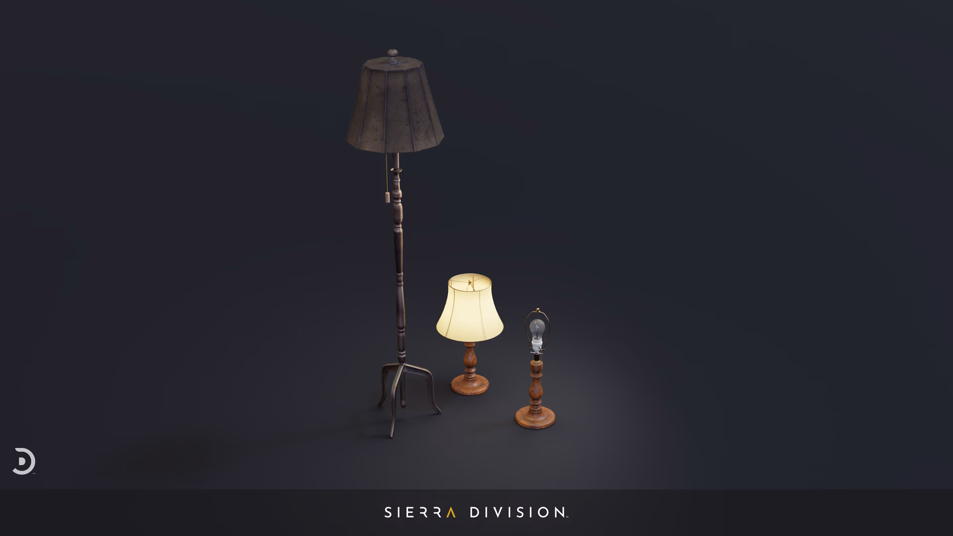 Three 3D realistic wooden lamps: tall dark-shaded floor lamp with tripod base, lit cream-shaded table lamp, bare-bulb lamp