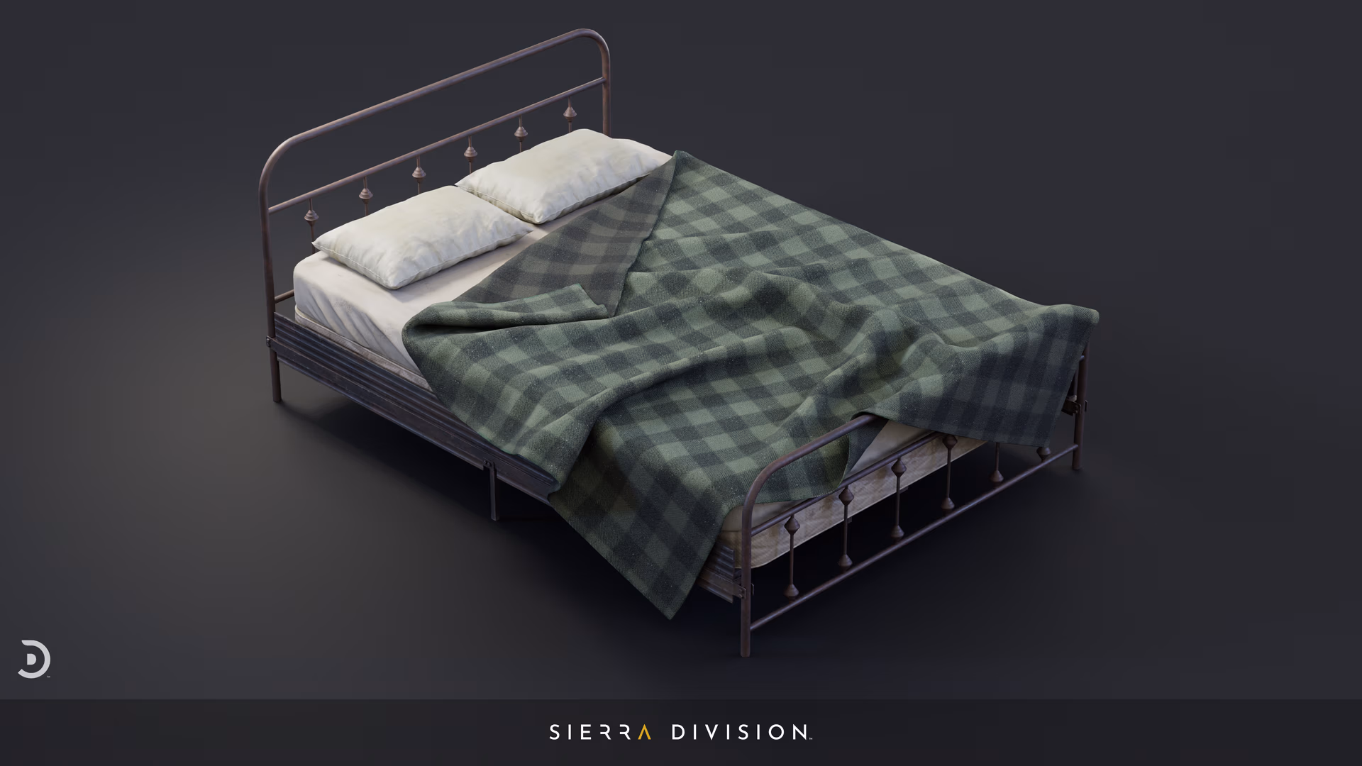 Antique metal bed with two pillows, white mattress and wrinkled green checkered blanket, realistic 3D render