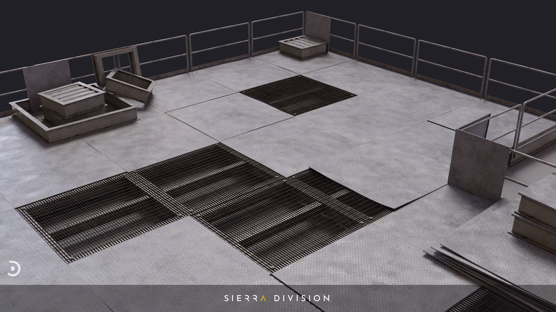 Modular industrial metal floor panels with diamond-plate texture, large grated vents, surrounding railings and concrete