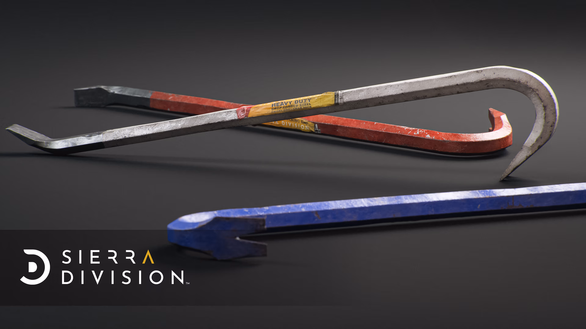 Worn crowbars crossed on dark studio surface, gray bar with yellow label and red bar, photorealistic 3D asset