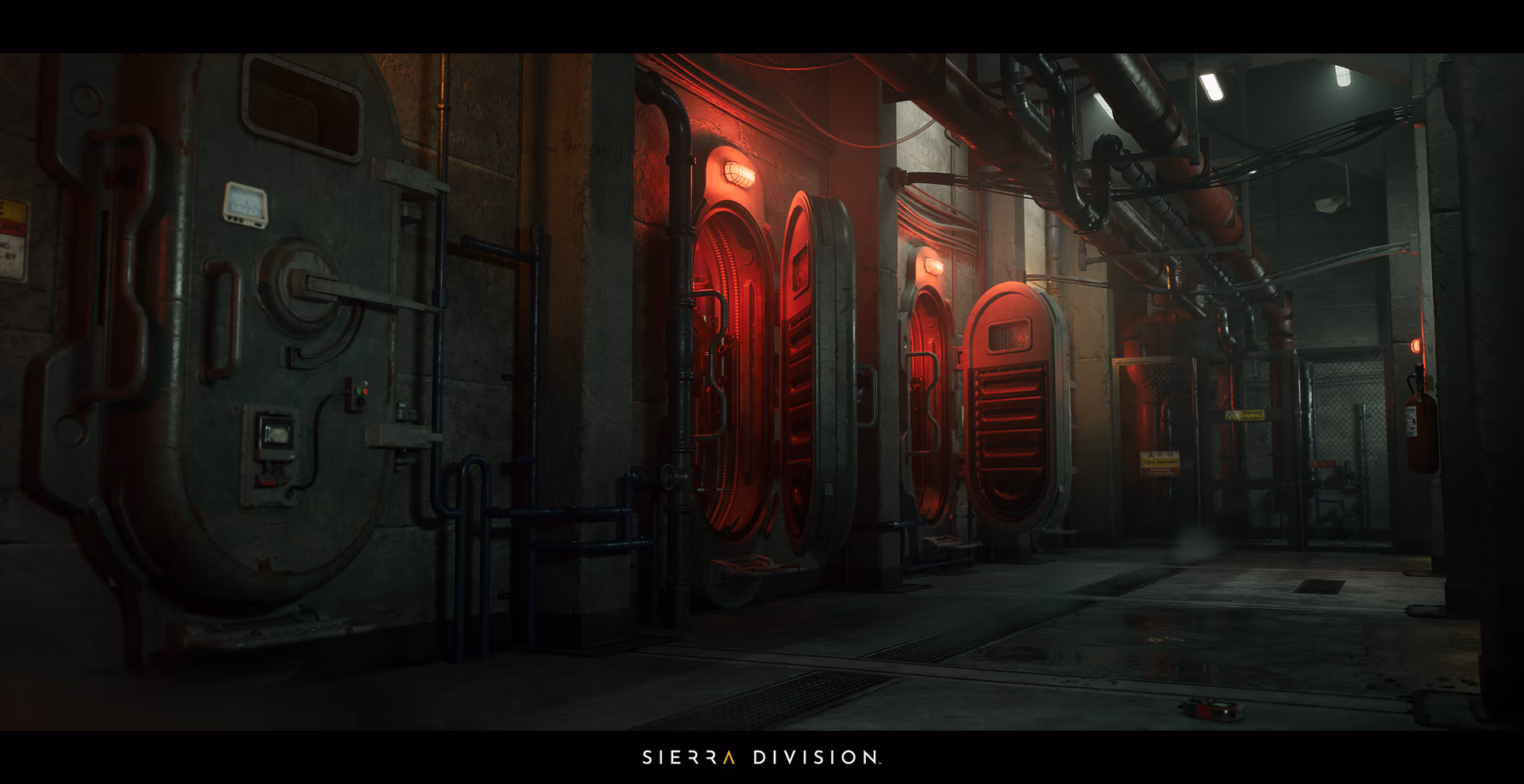 Underground industrial bunker corridor with circular sealed vault doors, red warning lights, exposed pipes, photoreal 3D