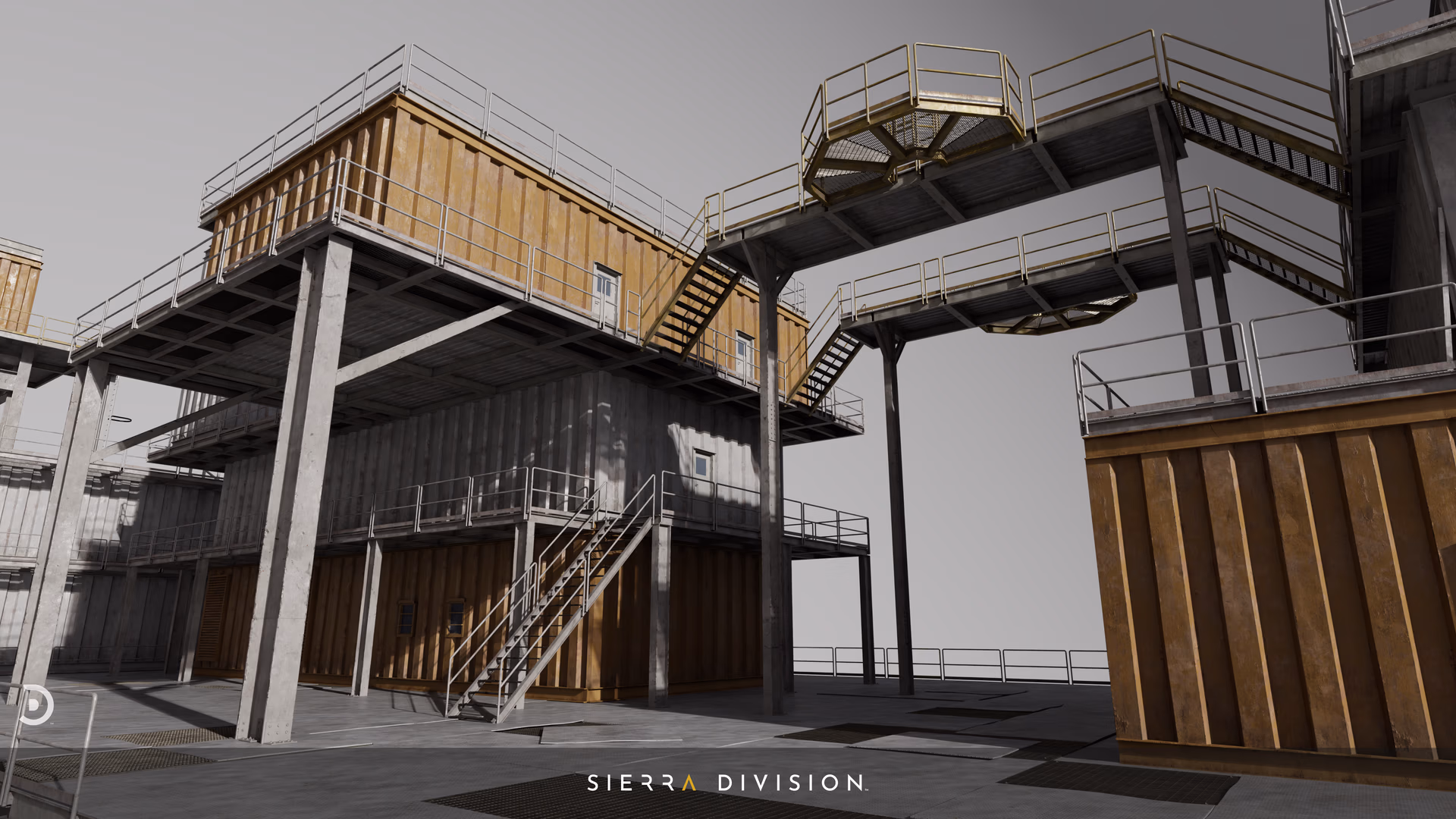 Modular industrial walkways, staircases and platforms around weathered metal container buildings, realistic 3D art