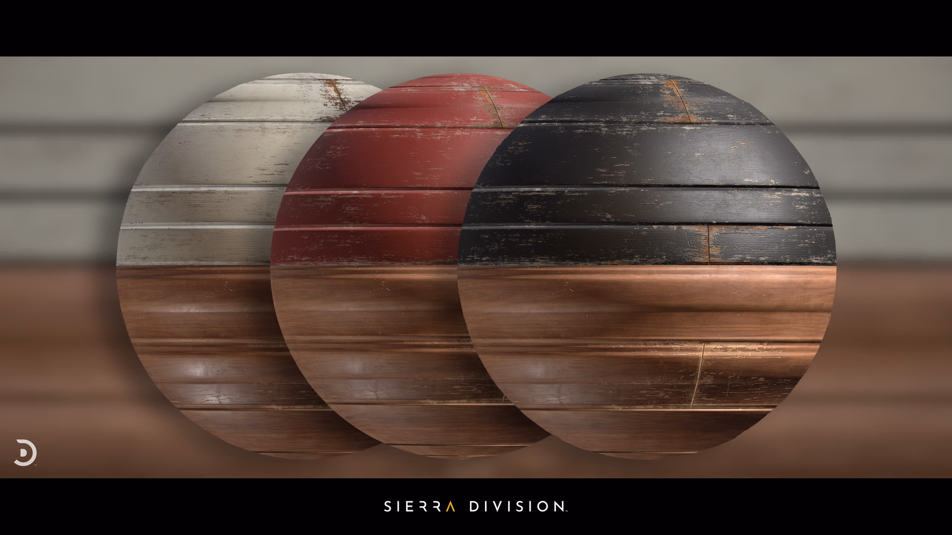 Three overlapping spheres showing distressed painted wood planks in beige, red, and black over a polished wood base