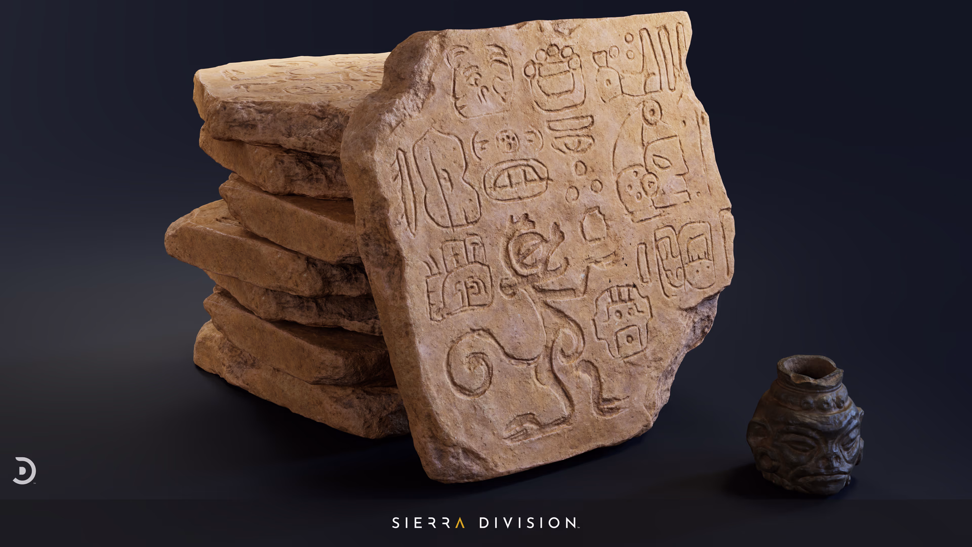 Weathered carved Mayan stone slab with glyphs leaning on stacked sandstone slabs next to a small decorated ceramic jar