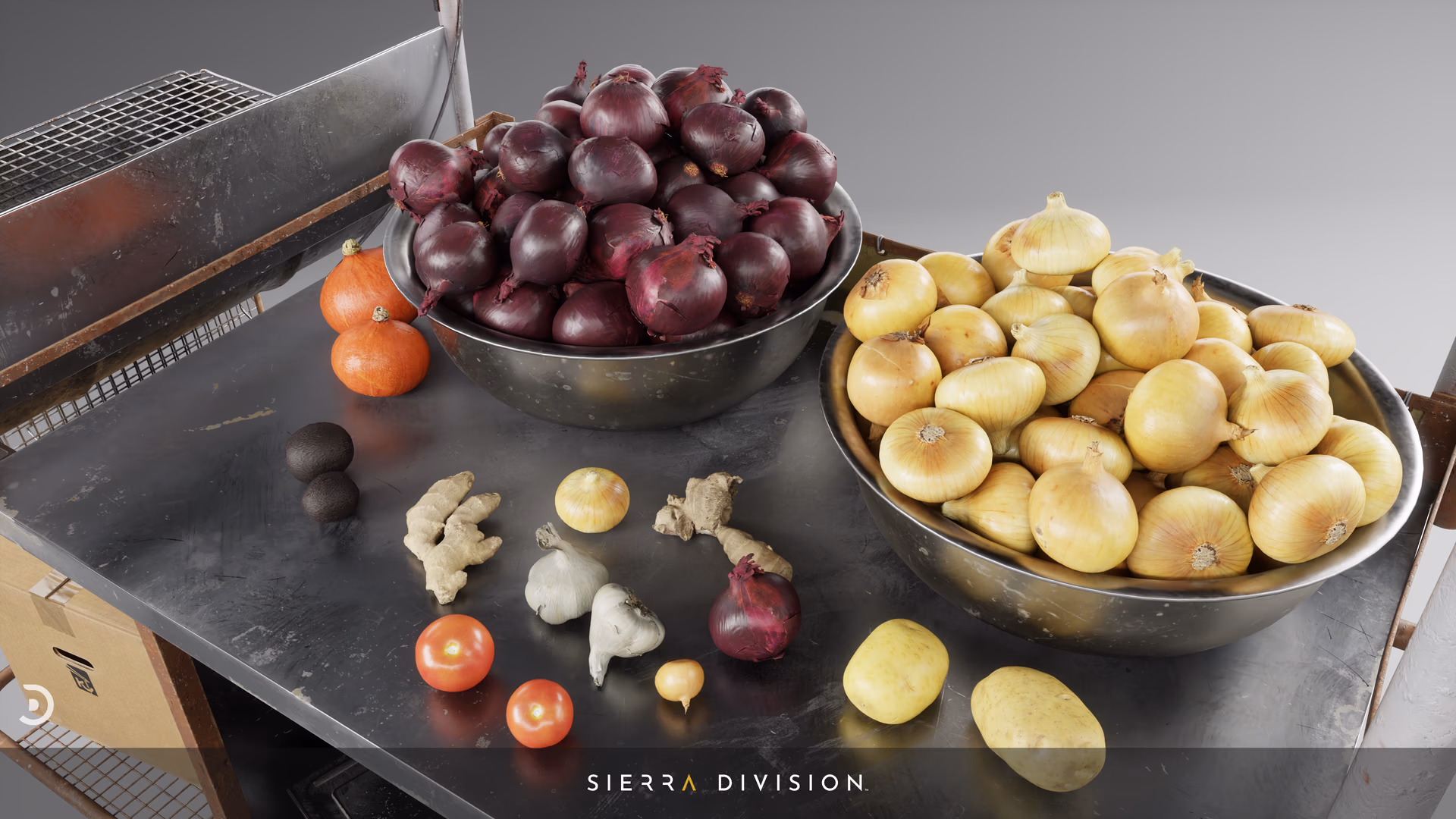 Pile of red and yellow onions with garlic, ginger, tomatoes and potatoes on a worn metal table, realistic 3D art style