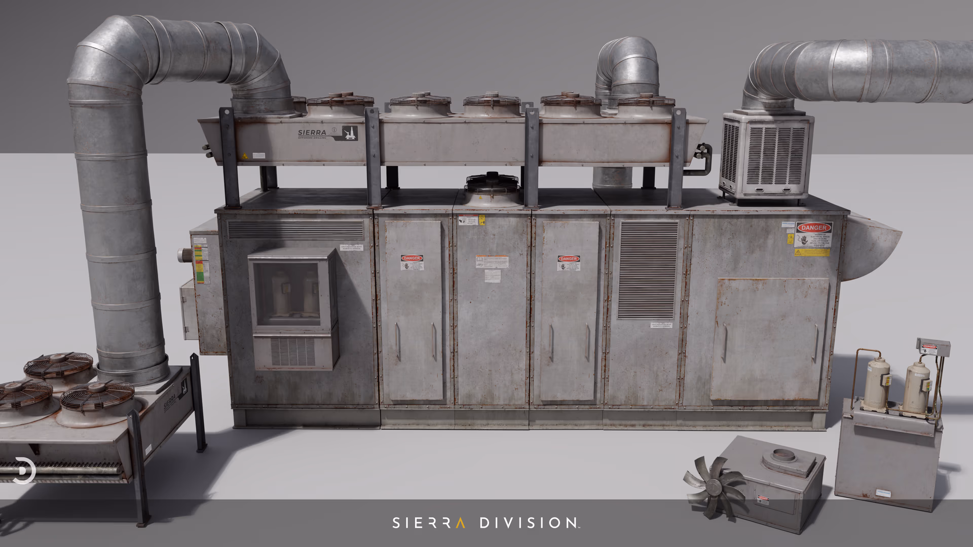 Large industrial HVAC unit with ductwork, rooftop fans and compressors in weathered metal, photoreal 3D environment asset