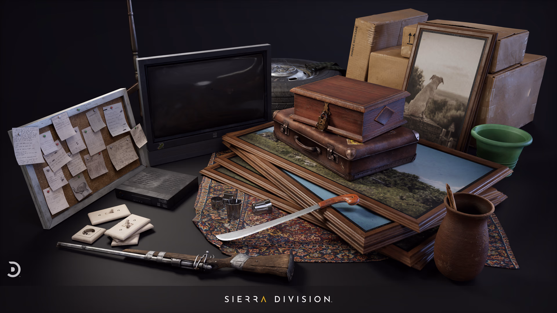 Assorted realistic 3D props: TV, corkboard with pinned notes, stacked framed art, wooden box on leather suitcase, sword