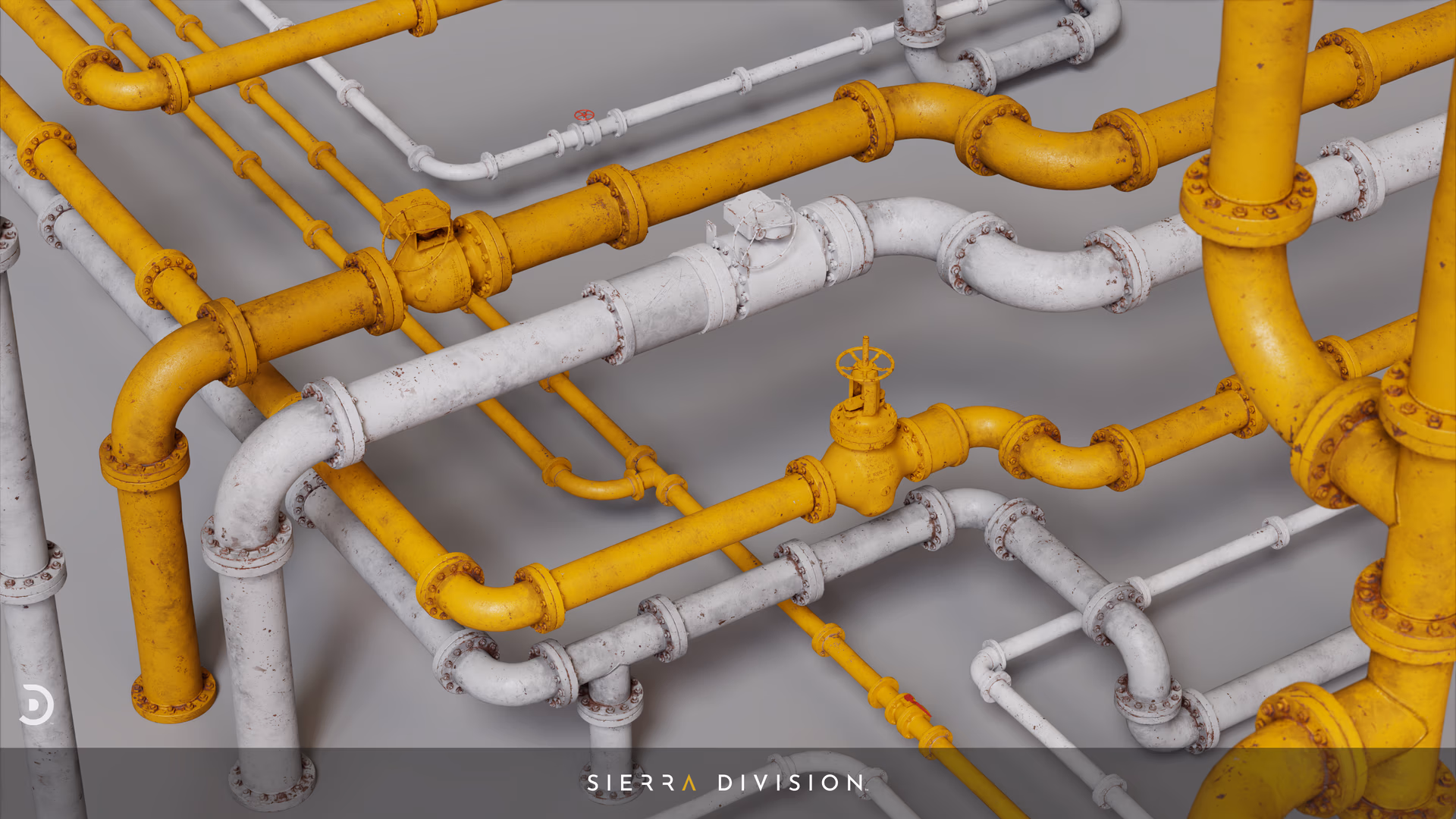 Weathered yellow and white industrial pipes with flanges and valves, photoreal 3D environment asset
