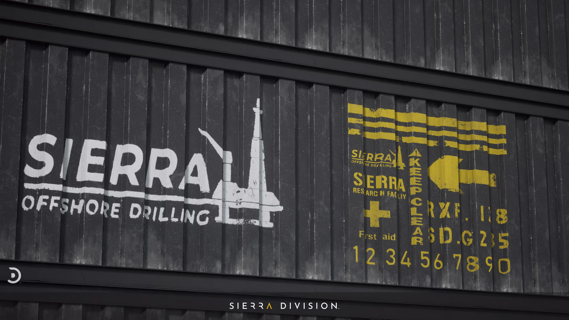 Corrugated metal wall with white Sierra Offshore Drilling logo and yellow stenciled safety decals in weathered grunge style