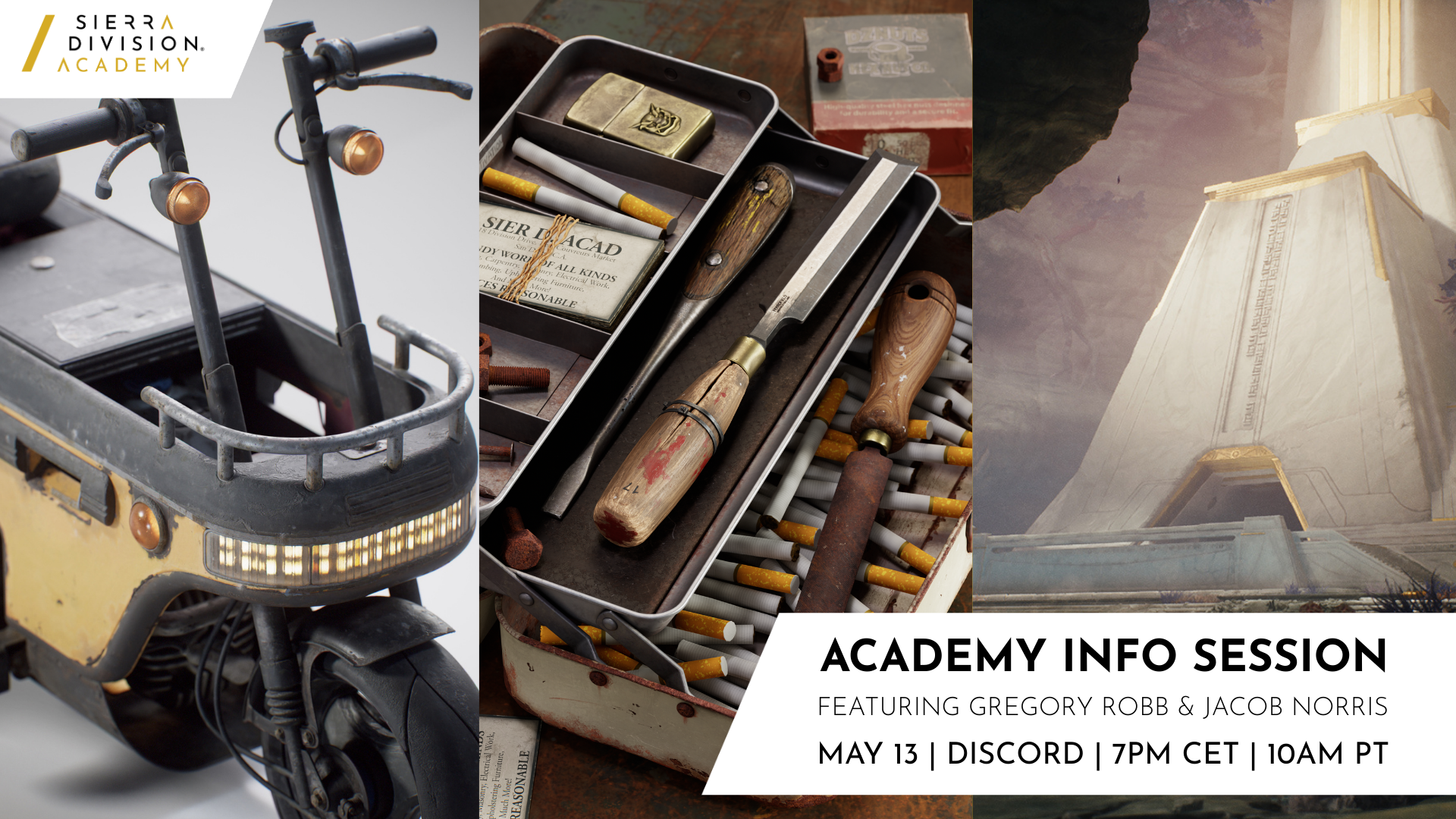 Scooter, tool box with chisels, cigarettes, and futuristic tower. "Academy Info Session" text. Event on May 13, 7PM CET, 10AM PT.