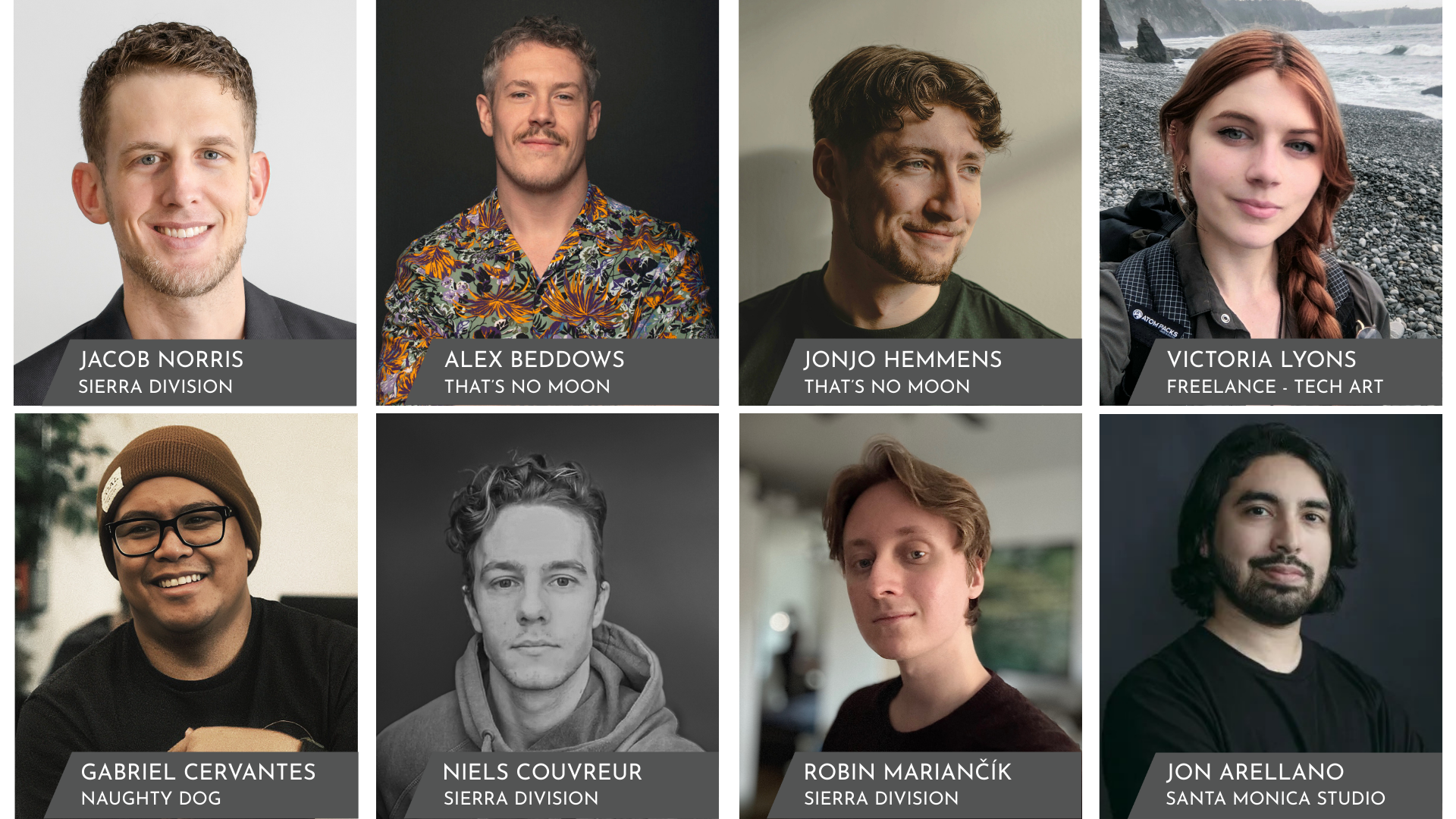 Collage of eight portraits with names and affiliations; professionals in casual attire, varied backdrops, and neutral expressions. Sierra Division Academy. Featuring 3D artists in the Games Industry that are also Instructors and Mentors.