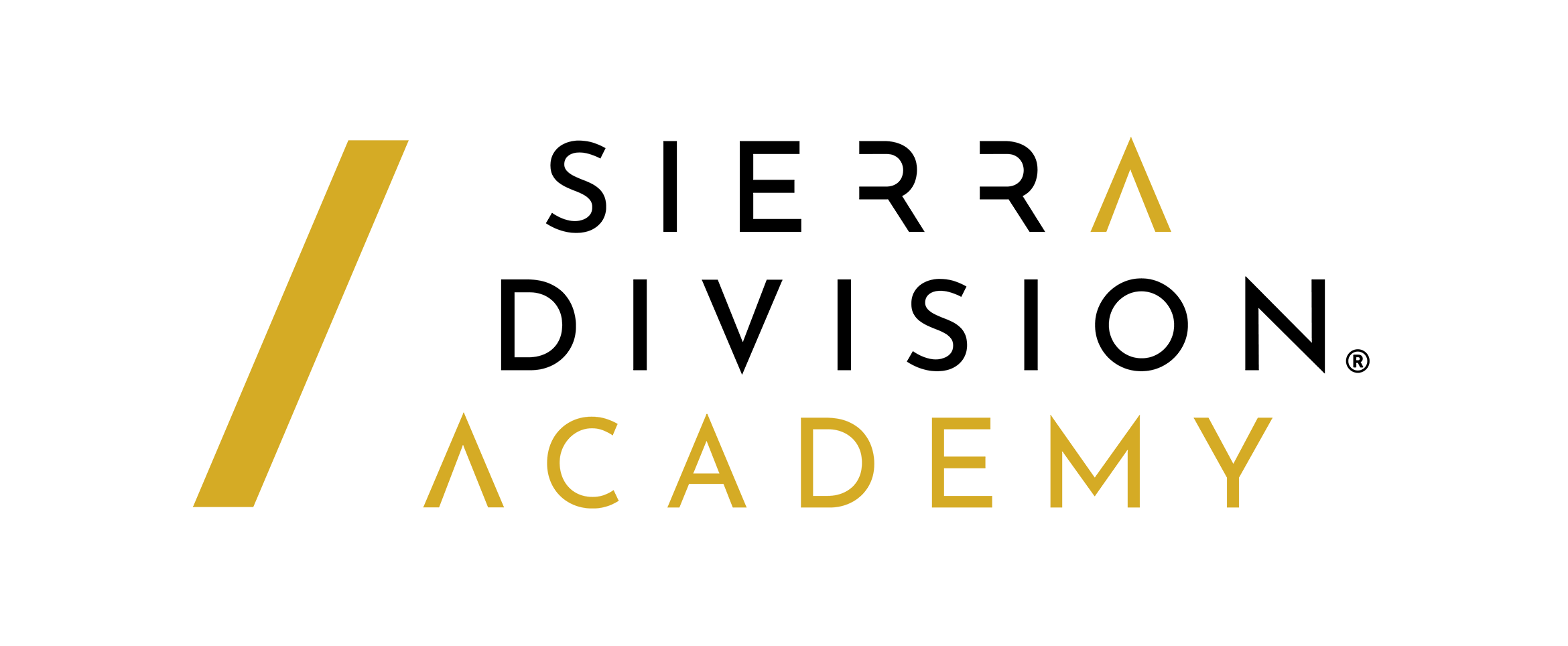 Logo with text "Sierra Division Academy" in black and gold on white. Features a diagonal gold stripe, simple and modern design.