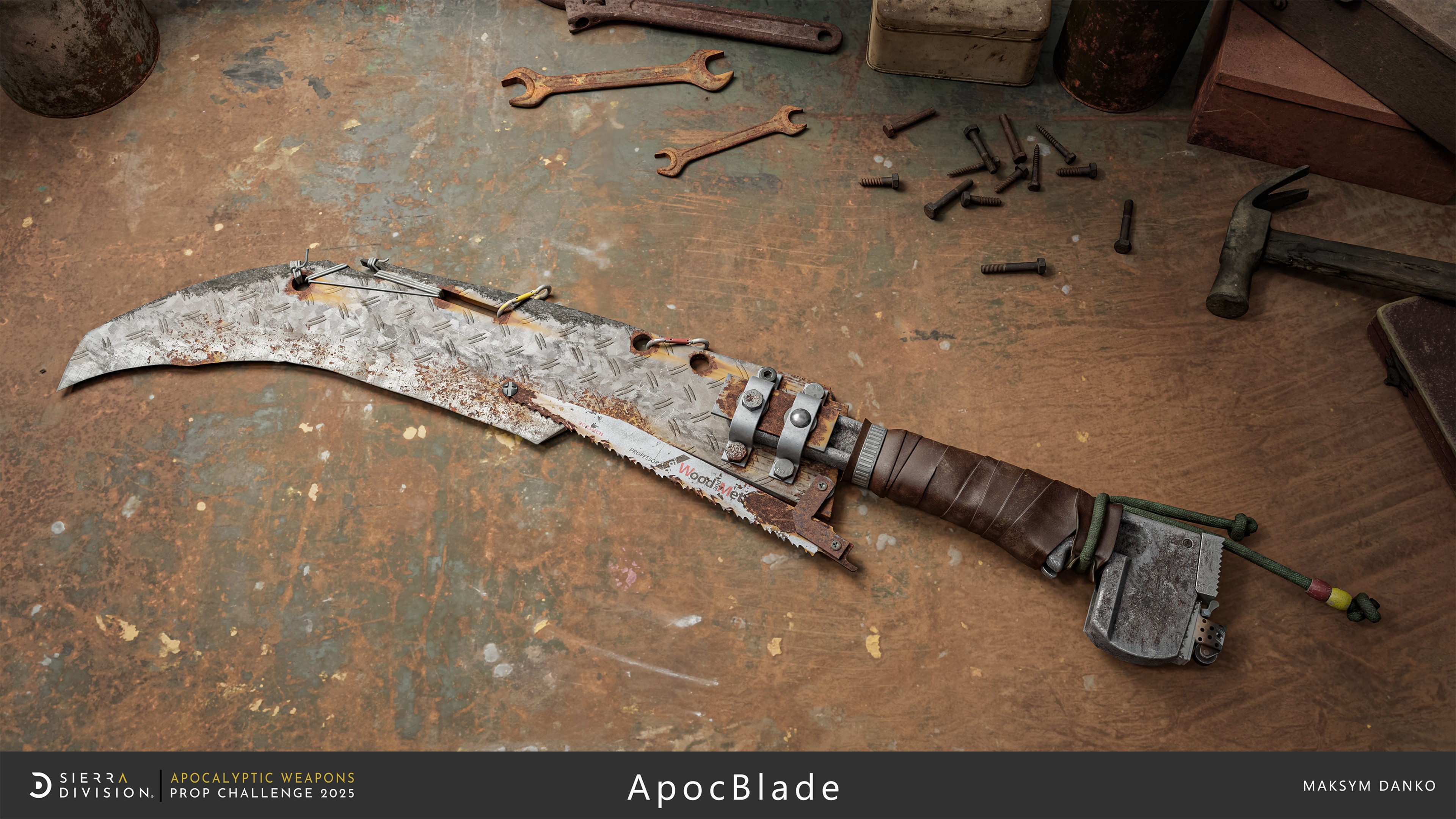Rugged makeshift sword with leather grip and jagged blade on a worn surface. Surrounding are rusty wrenches, bolts. Text: ApocBlade.