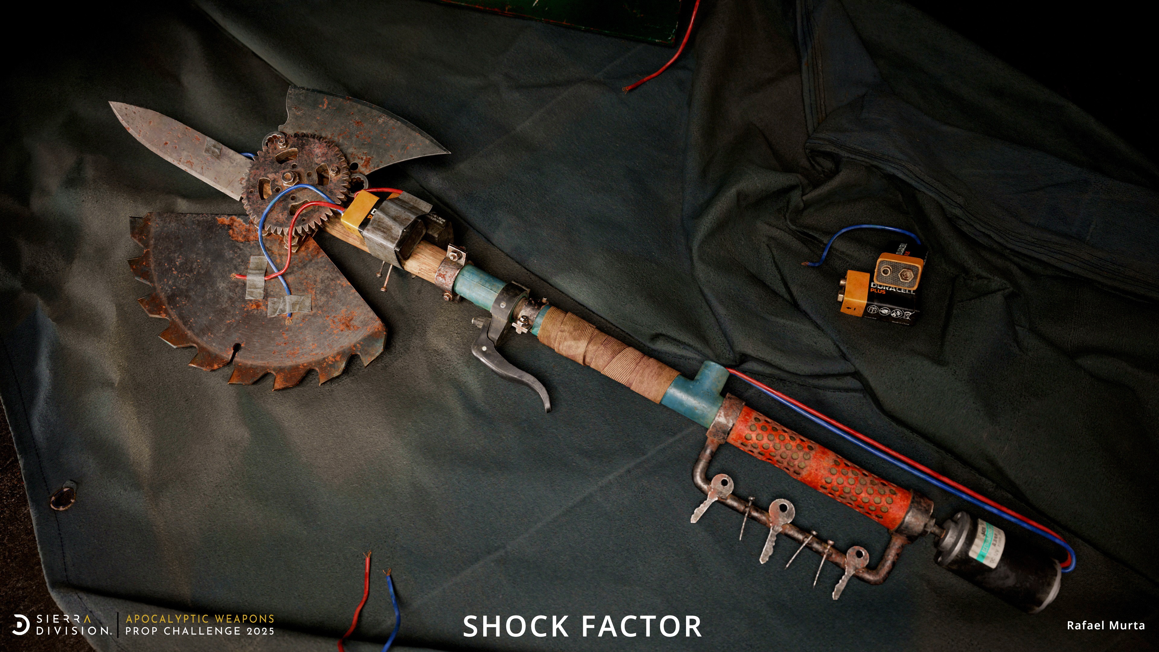 A handmade weapon with a metal blade, gears, wires, and a red handle lies on dark fabric. Text: "Sierra Division, Apocalyptic Weapons Prop Challenge 2025."