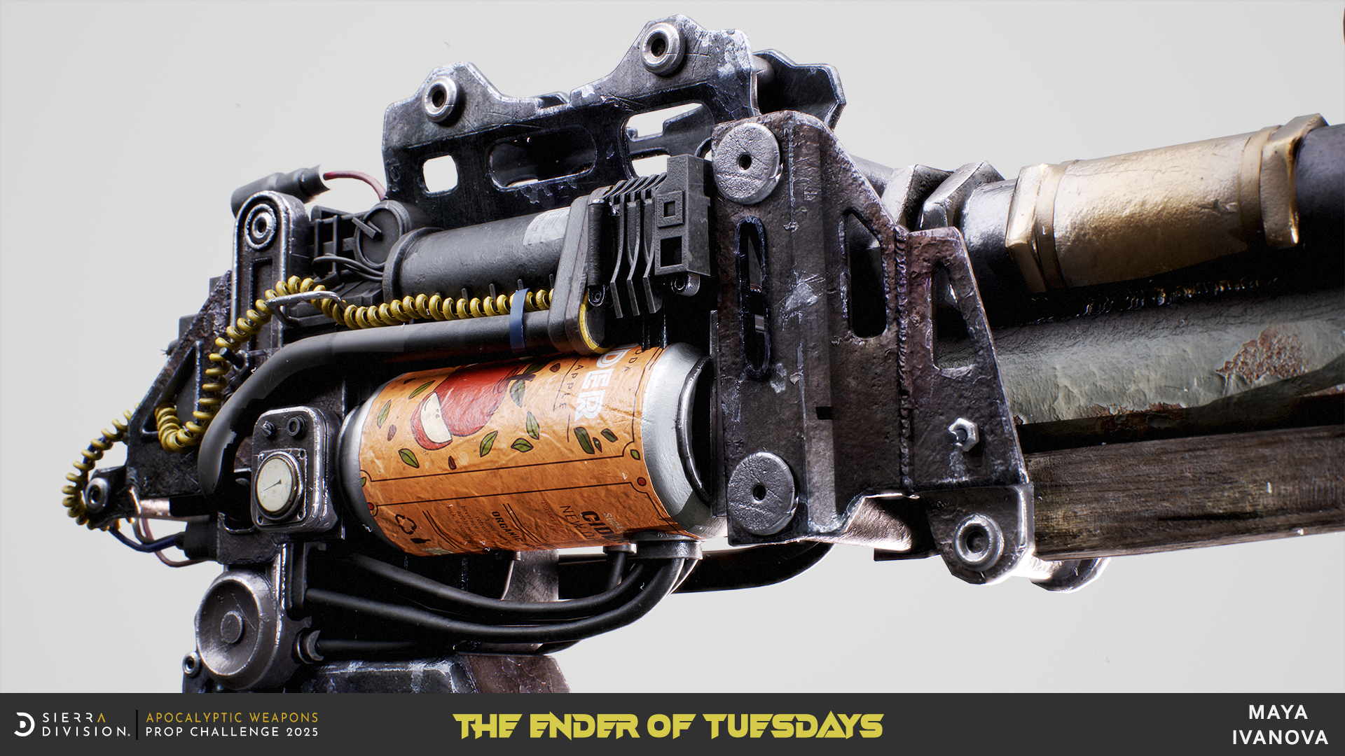 Close-up of a detailed, futuristic weapon with a cylindrical component featuring an orange pattern. Text reads "The Ender of Tuesdays."