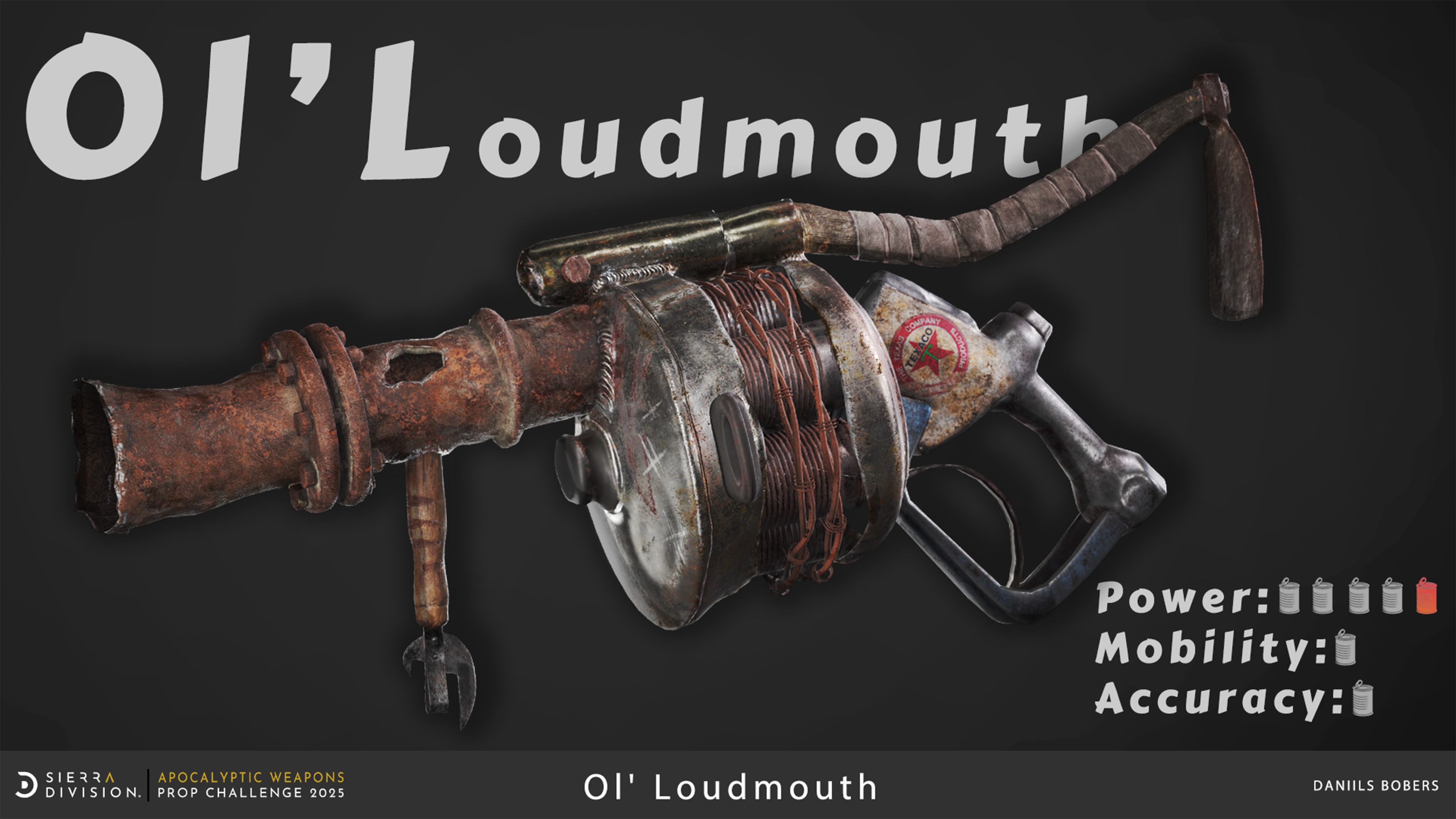 Rusty weapon labeled Ol' Loudmouth on dark background. Features gauge, wrench, and wires. Text shows ratings for power, mobility, and accuracy.