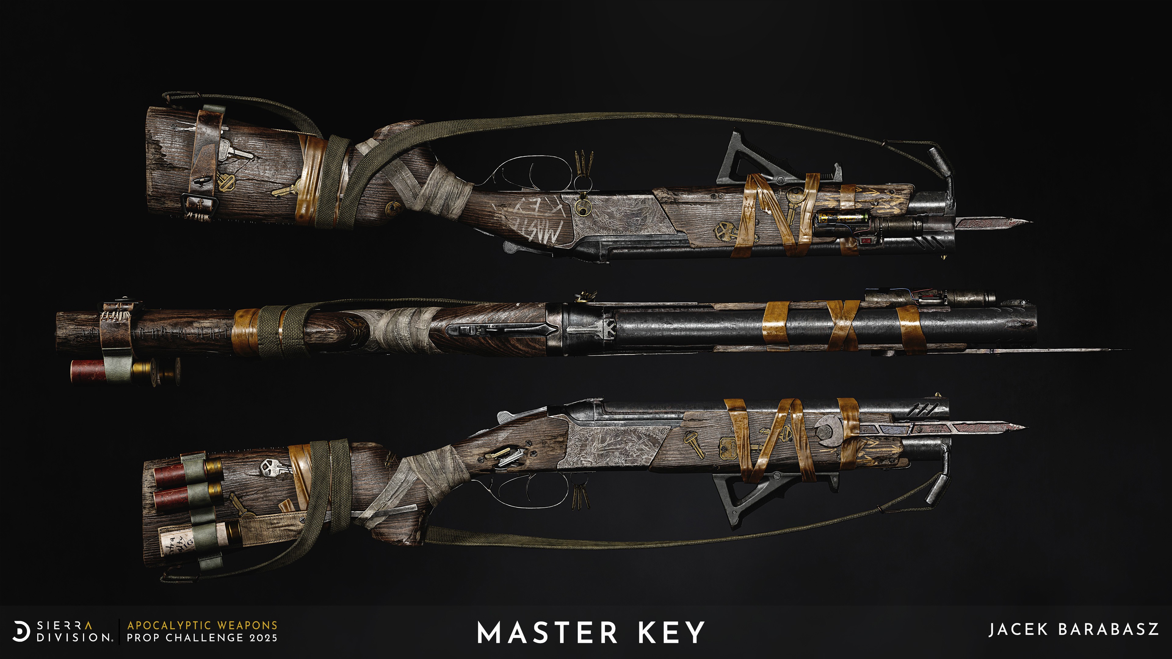 Rustic rifles with wooden stocks, wrapped in fabric and leather straps, are displayed against a dark backdrop. Text reads "Master Key".