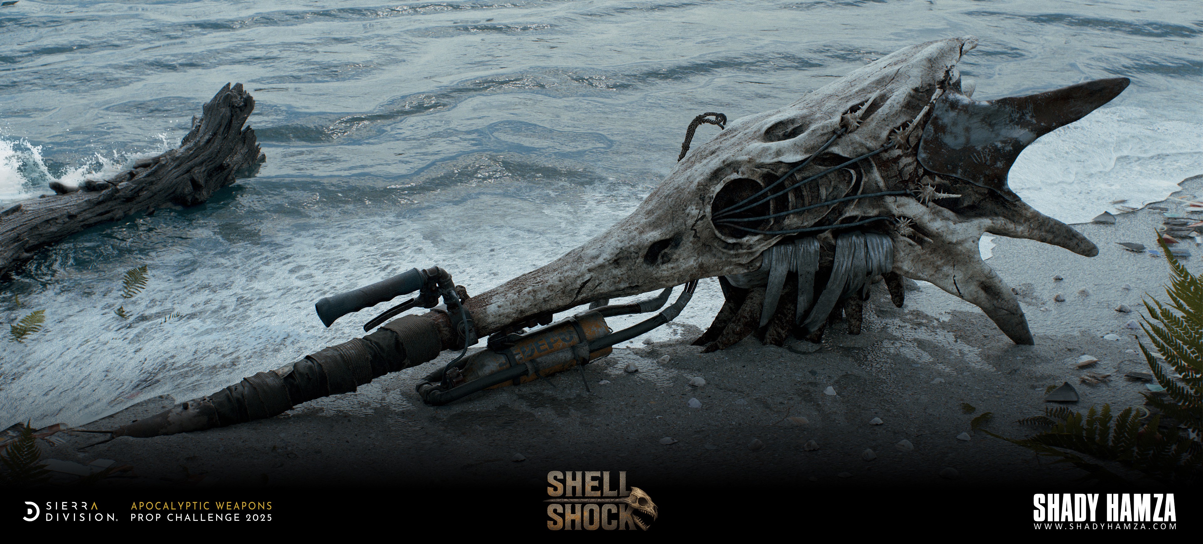 Futuristic weapon with a skull design lies on a sandy shore. Waves crash in the background. Text: Sierra Division, Apocalyptic Weapons.
