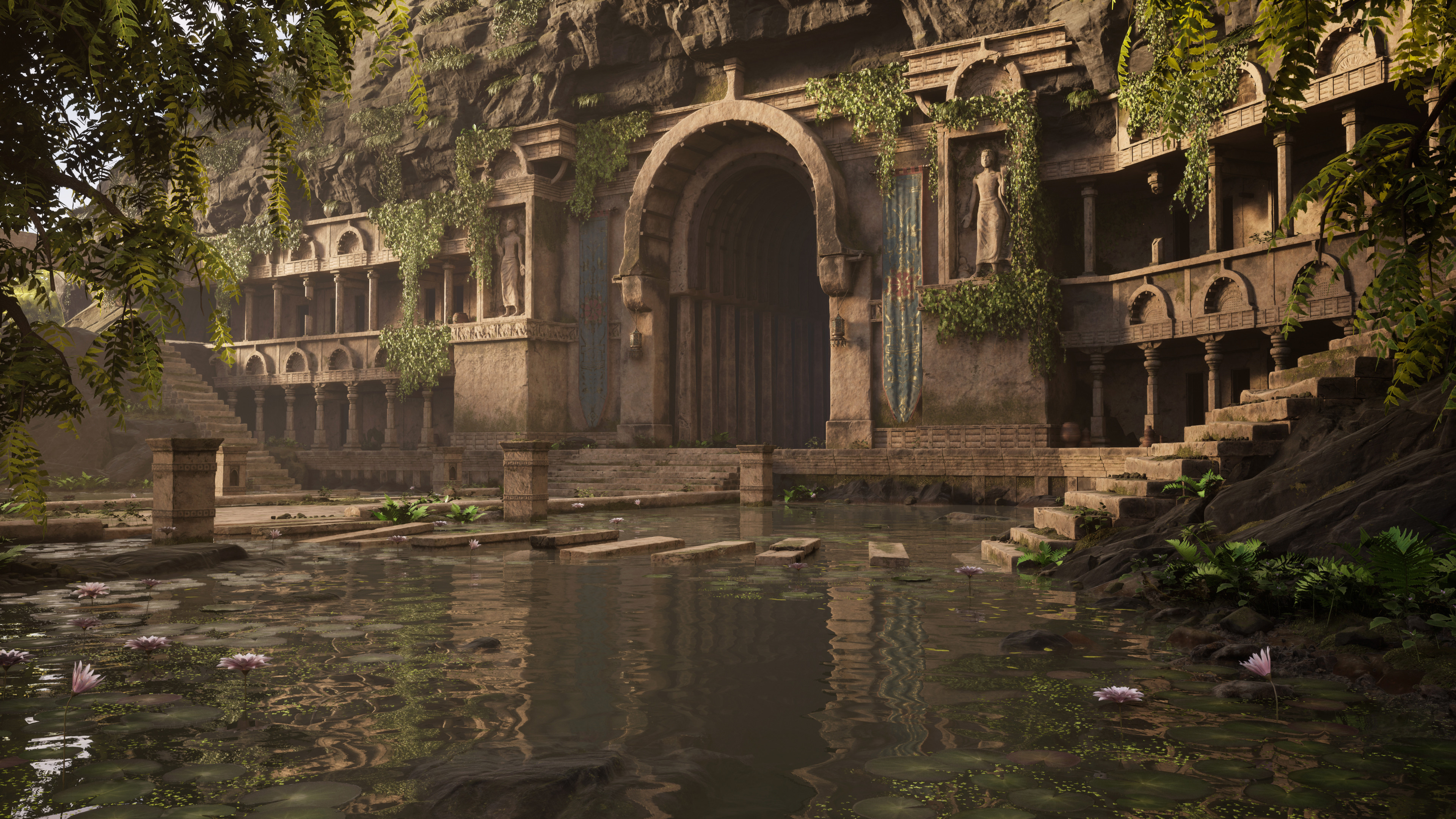 Ancient stone building with arches and statues by a calm pond. Lush greenery and pink flowers adorn the scene, creating a serene mood. Environment Art project by Frederieke Wagner.