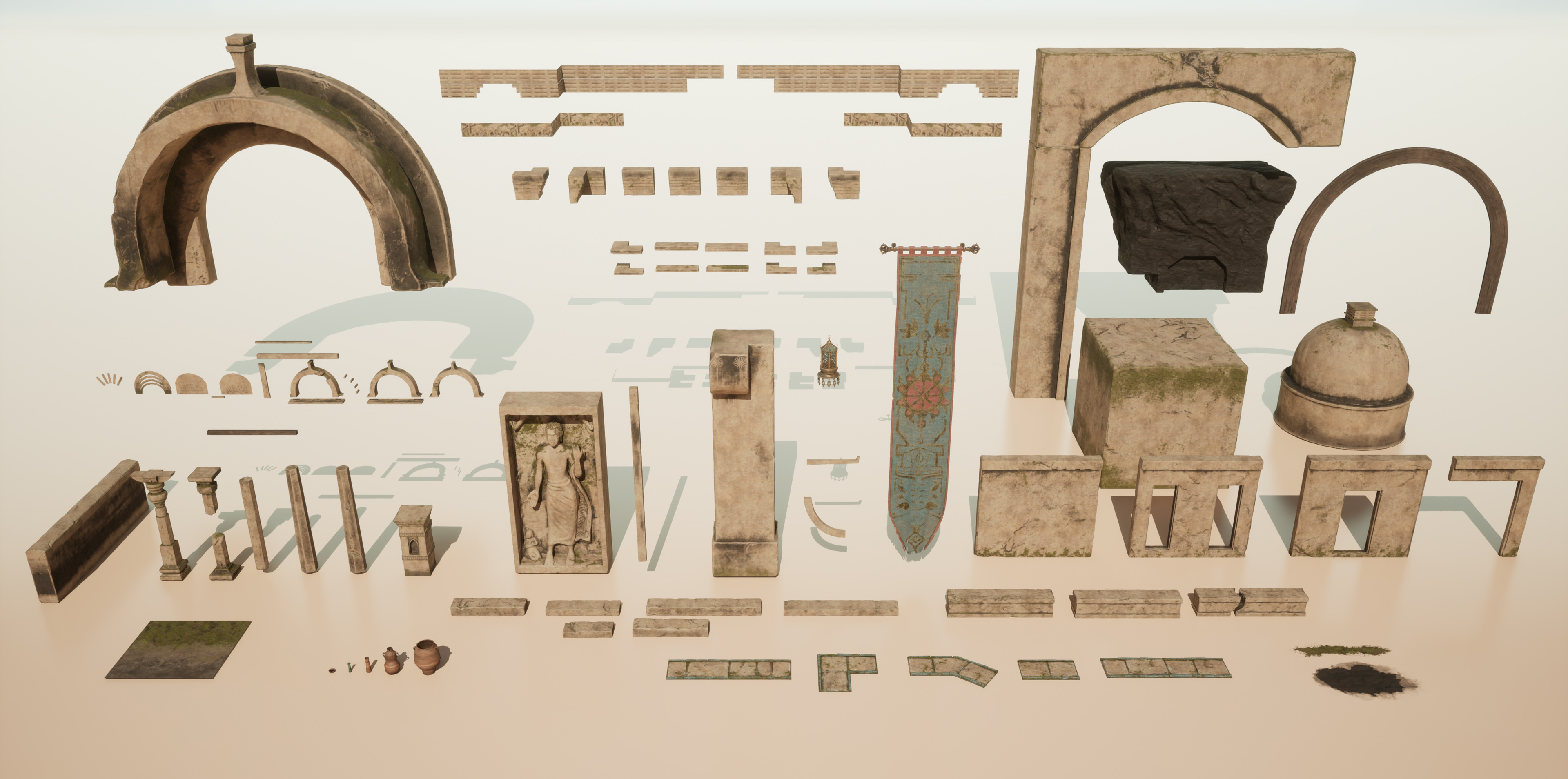 Ancient architectural elements on display against a light background, featuring arches, pillars, stone carvings, artifacts, and a tapestry.
