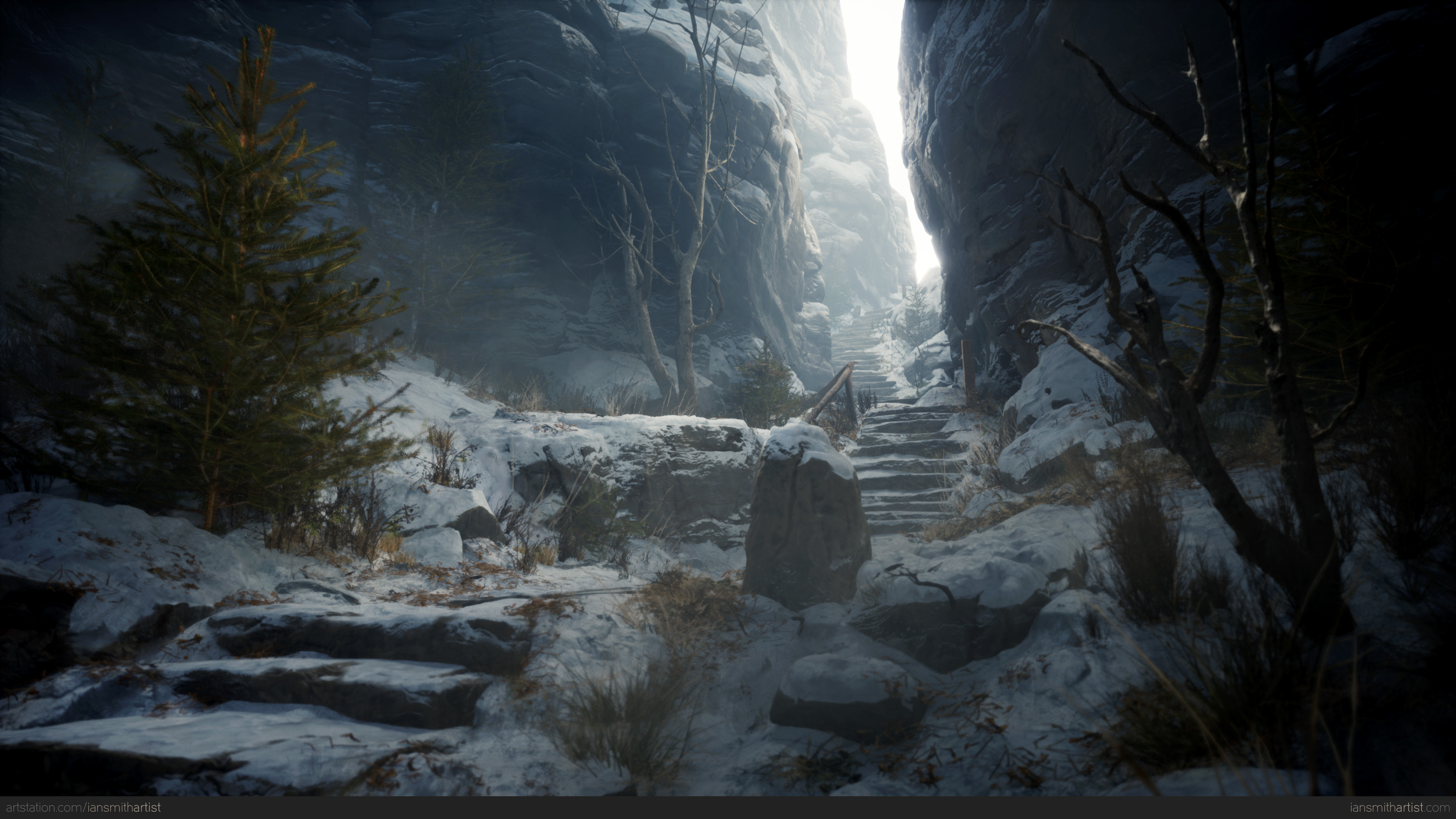 Snow-covered stone steps lead through a narrow, rocky gorge. Bare trees and pine branches frame the scene, creating a cold, serene atmosphere. Environment Art project by Ian Smith.