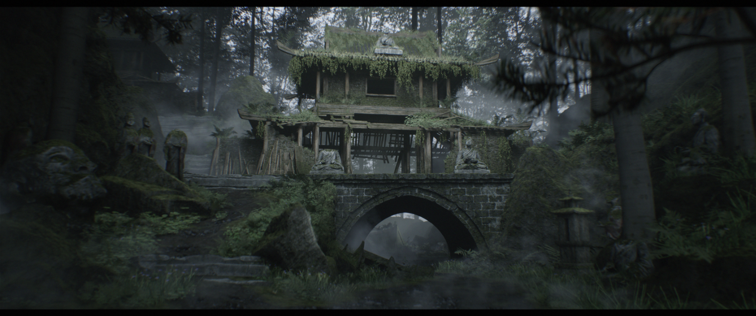 Ancient stone shrine in misty forest, covered in moss. Statues sit by the entrance, creating a mystical atmosphere. 3D Environment Art project by Pablo Gimenez