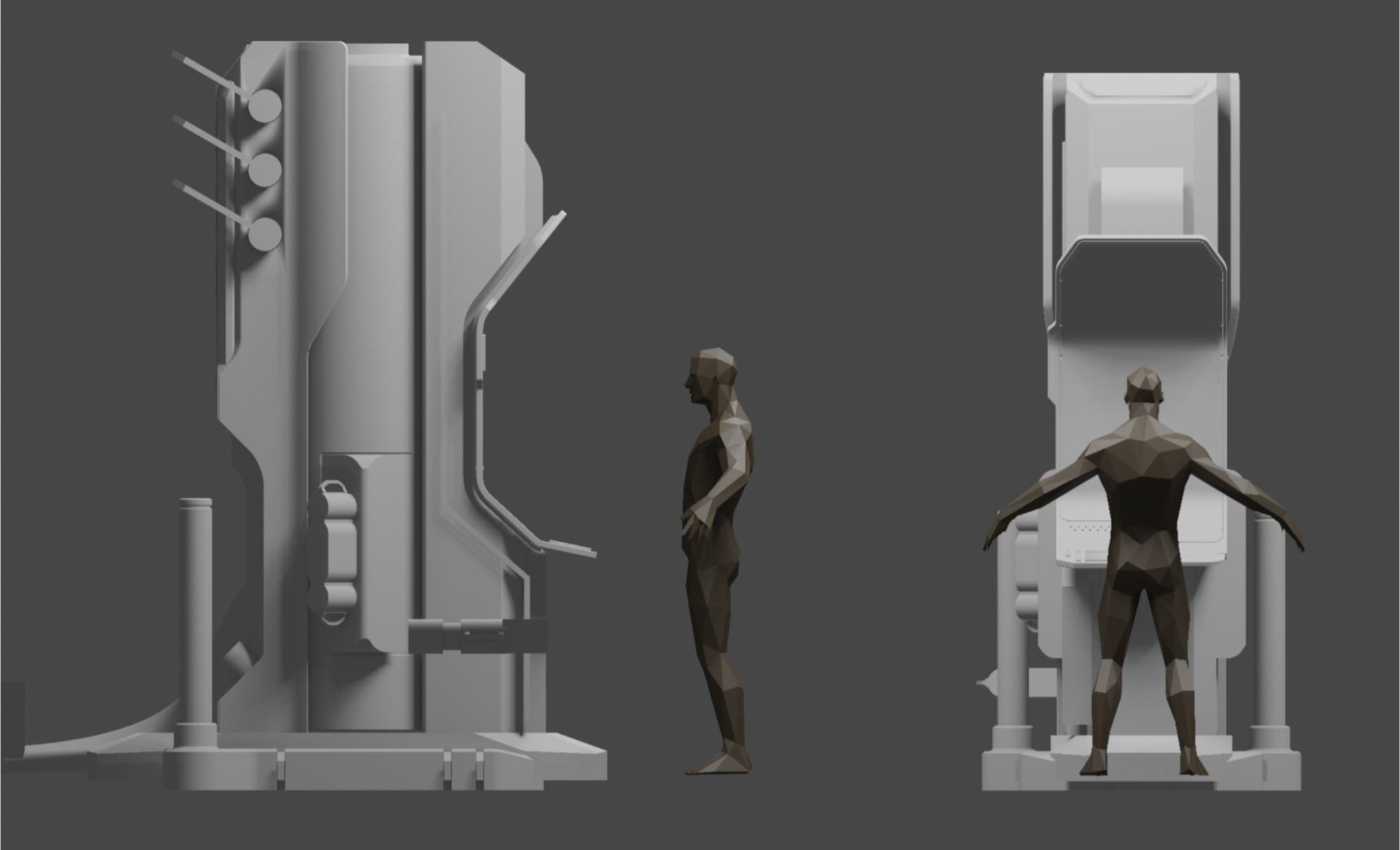 Two polygonal figures stand by a large, gray machine with geometric elements, set against a dark background, conveying a futuristic theme.