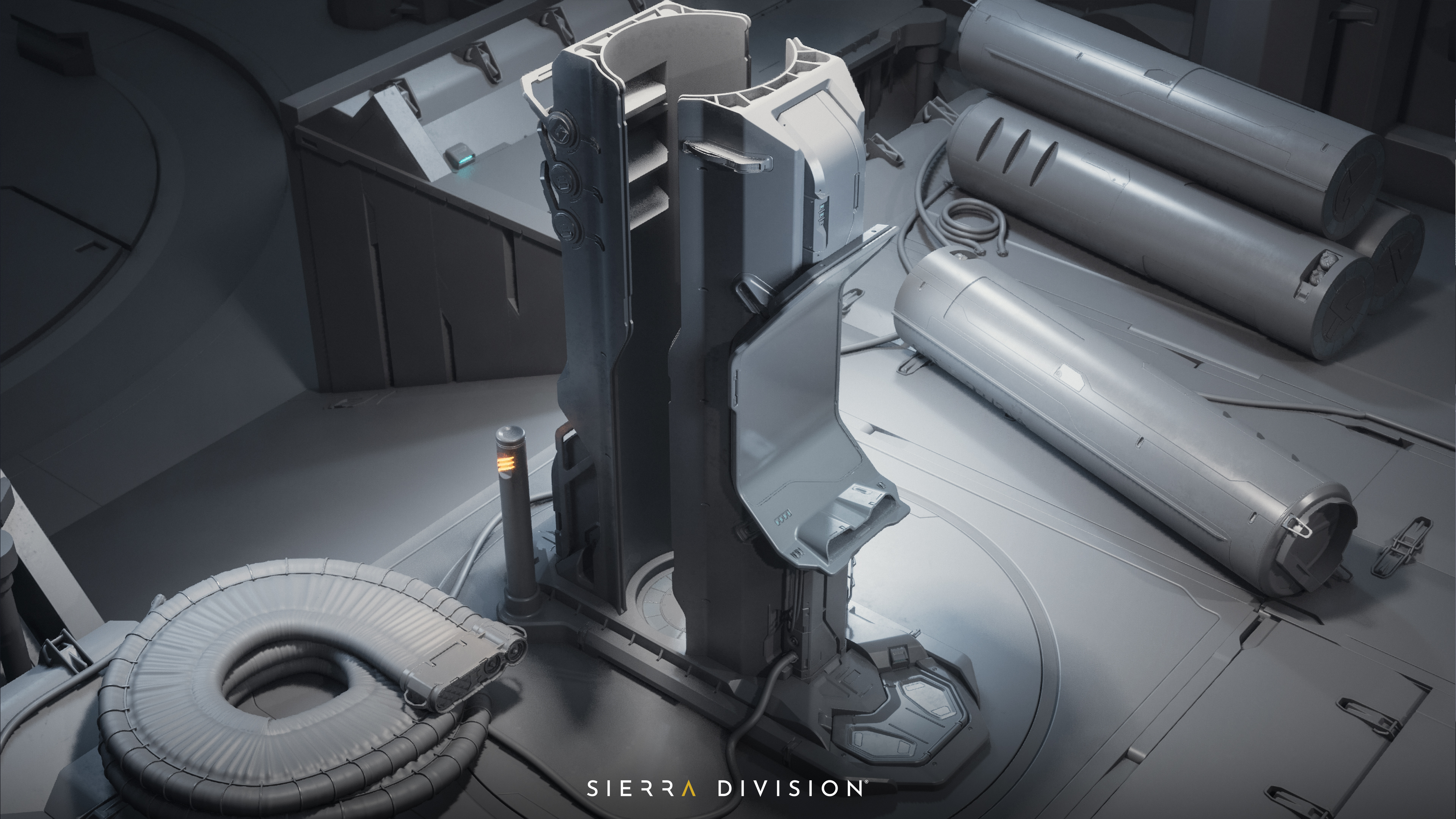 Futuristic industrial equipment with cylindrical tanks and coiled cables in a metallic, grey setting. "Sierra Division" text at the bottom.