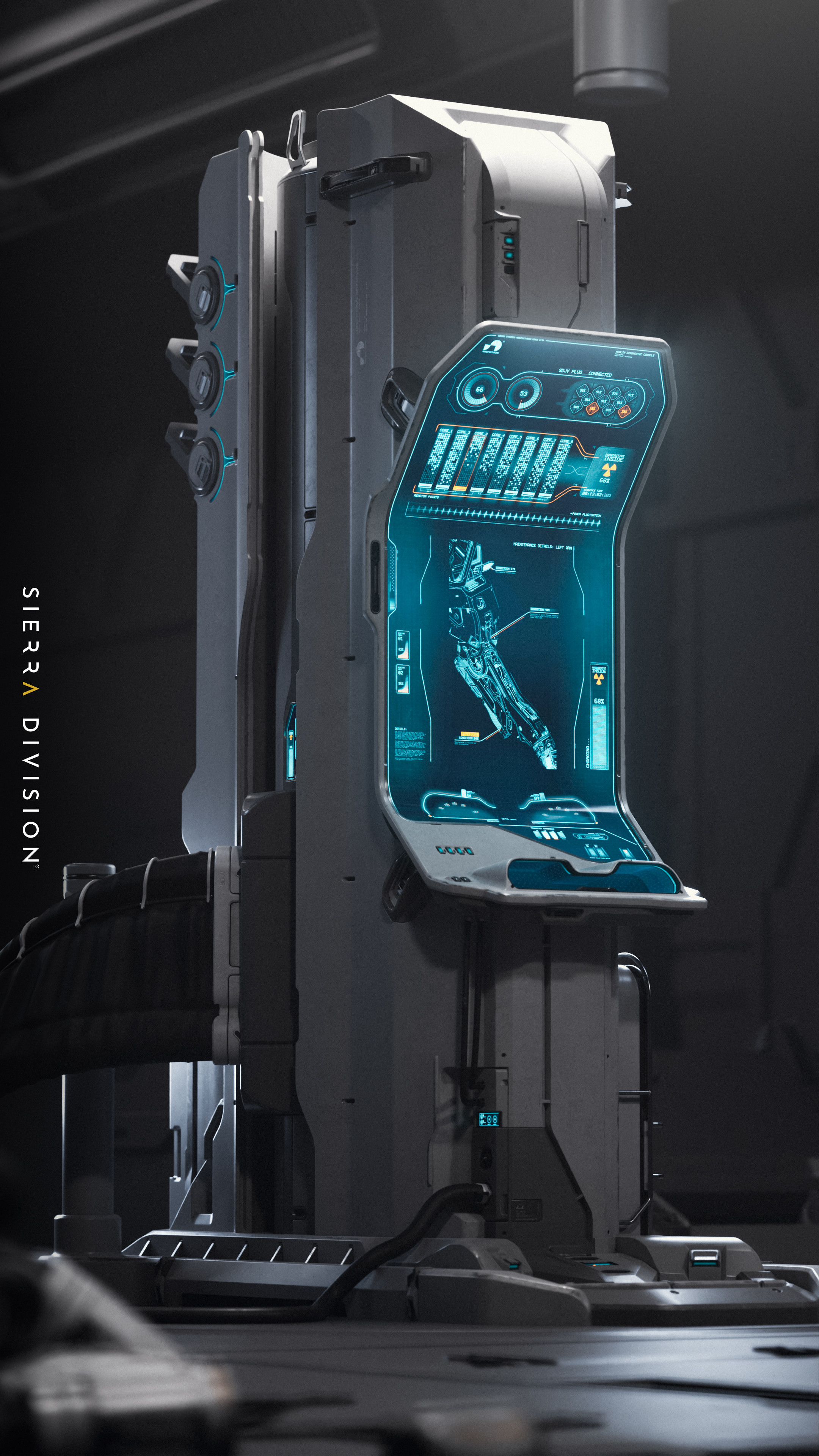Futuristic console with a blue holographic display showing a robotic leg design. Industrial setting, moody lighting, "SIERRA DIVISION" text visible.