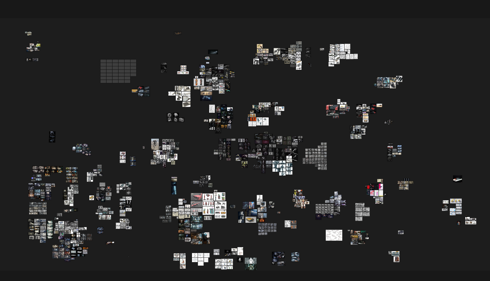 Collage of various images on a black background. Clusters contain photos, sketches, and diagrams. No text is clearly visible. Sparse, artistic display. Reference board.
