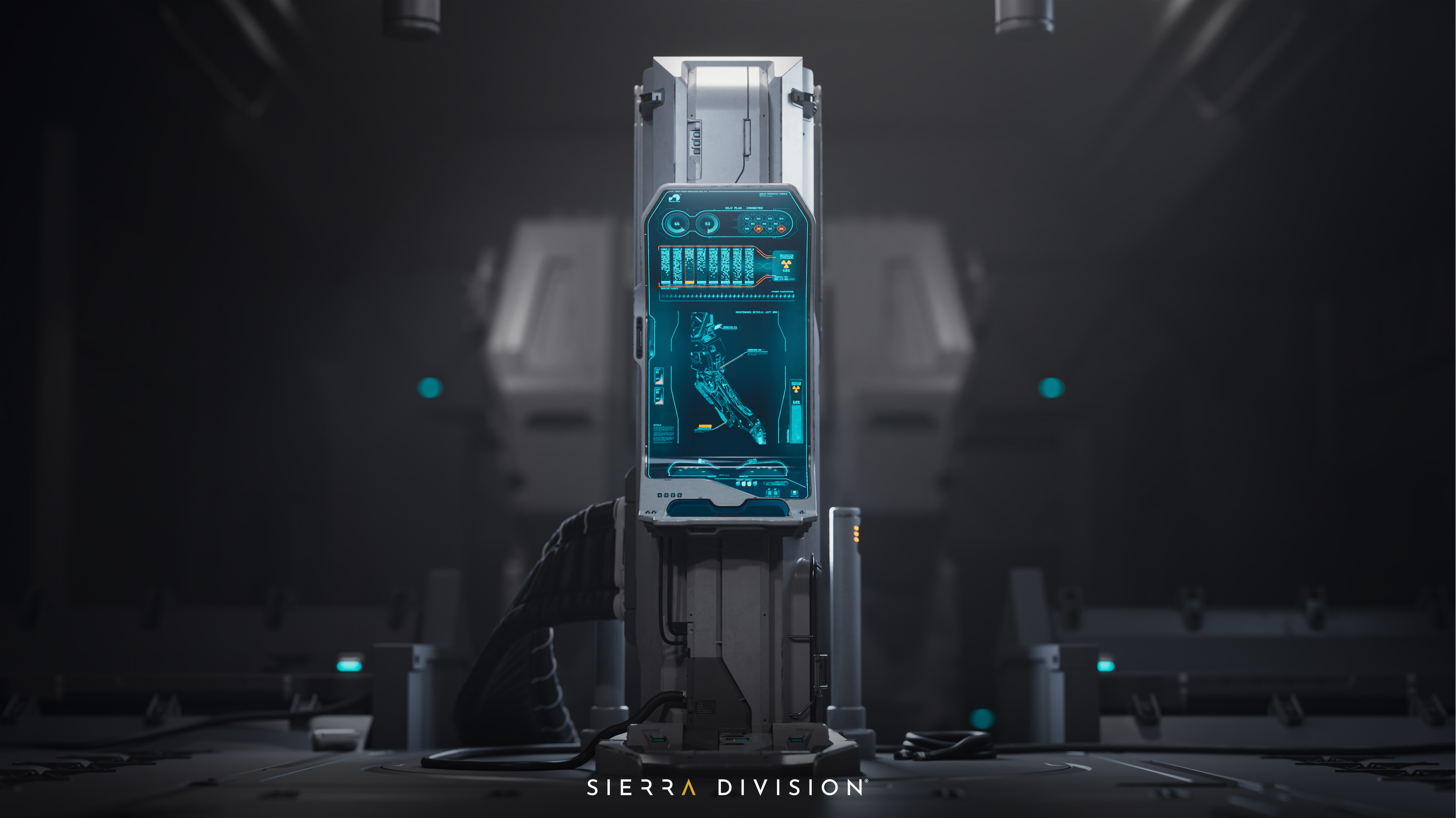 Futuristic console in a dark room displays a glowing blue robotic arm diagram. Cables connect below. Text reads "Sierra Division."