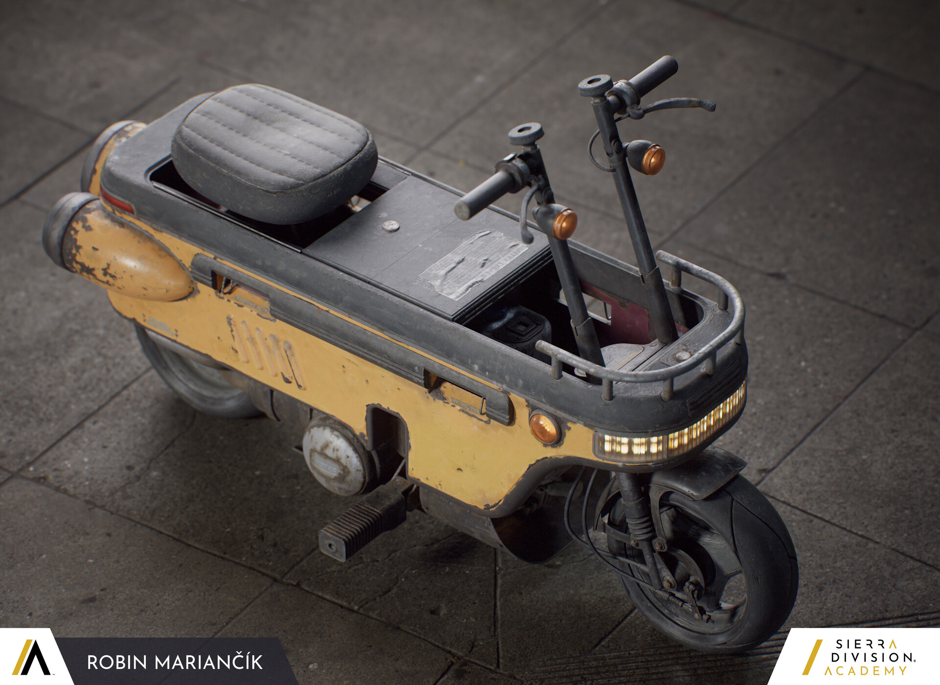 Yellow retro scooter with dual handlebars on a tiled surface. Gray seat, vintage design. Text: Robin Marianičk, Sierra Division Academy.