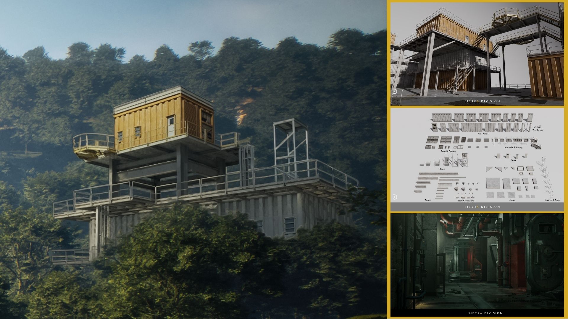 A modern structure stands amid dense forest. Inset images show construction elements and an industrial interior. Text reads "Sierra Division."