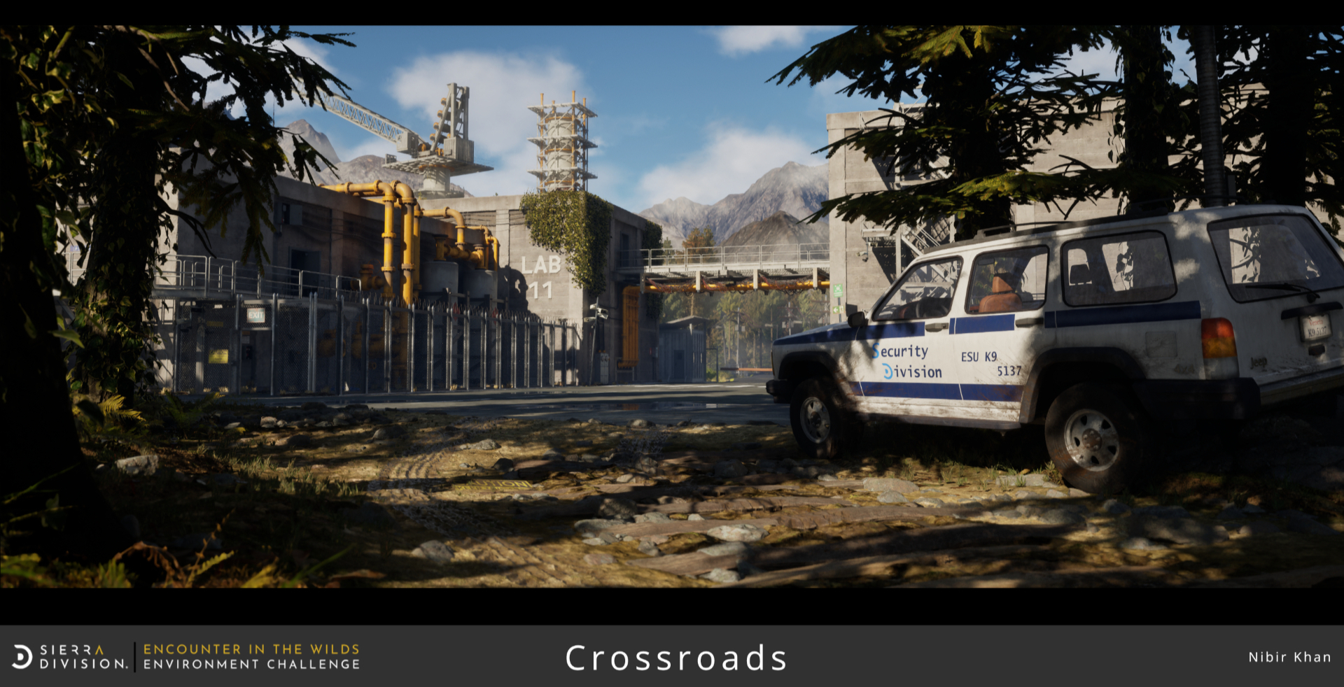 Security vehicle parked near industrial lab building. Forest setting with mountains in the background. Text: "Crossroads" and "LAB 11".
