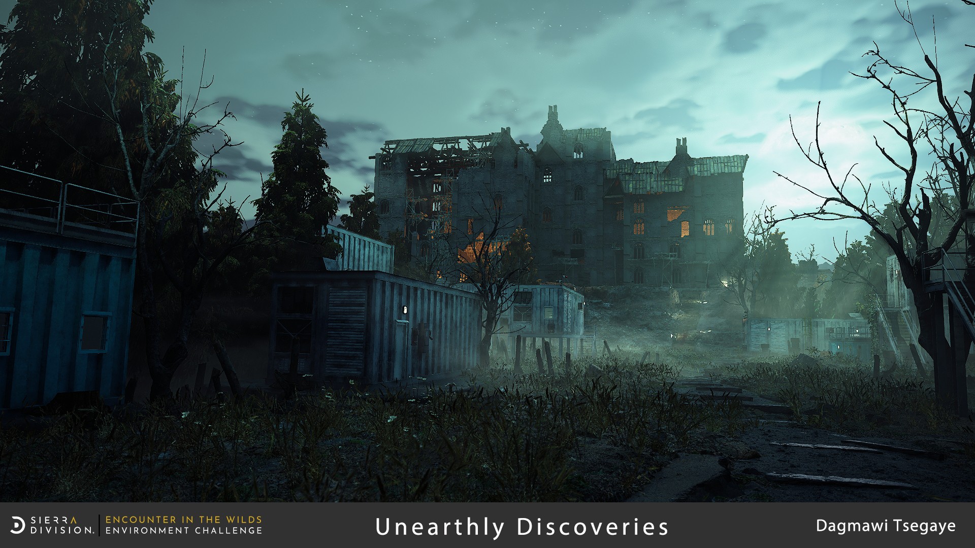 Misty scene of an abandoned, dilapidated building surrounded by trees. Foreboding mood. Text: Encounter in the Wilds, Unearthly Discoveries.