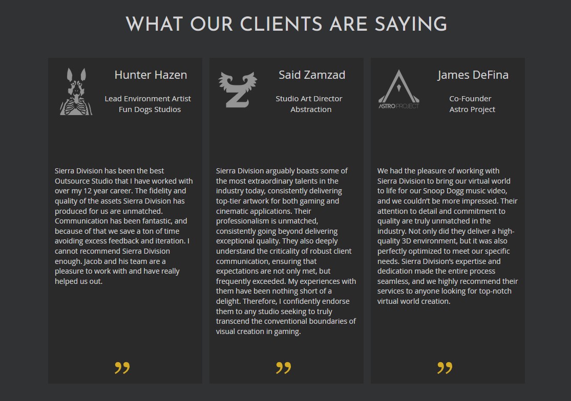 Testimonials given to Sierra Division for their high quality work