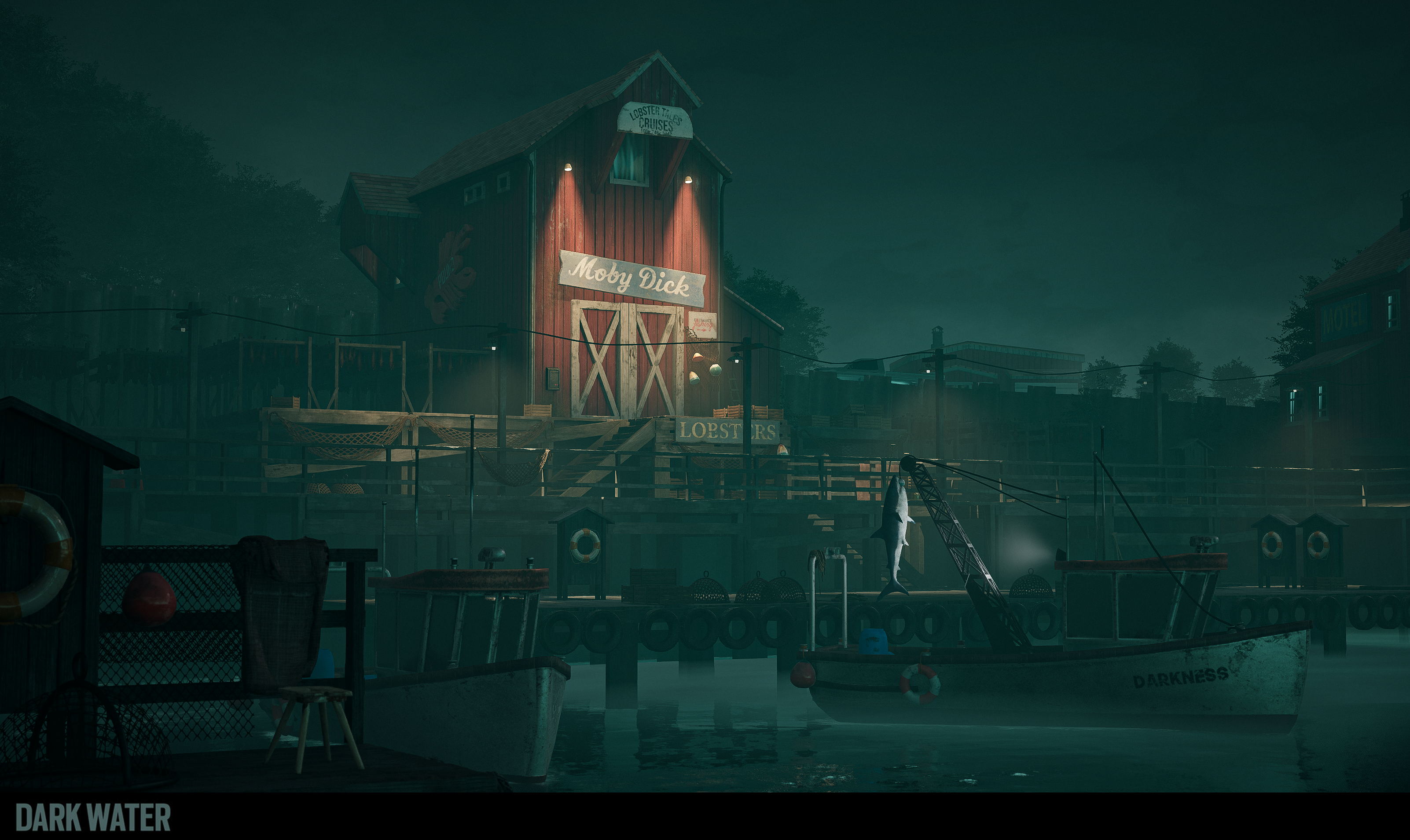 Moody night scene of a wooden pier by a lake, lit by a streetlamp. Boats docked, houses and lighthouse in the distance under a cloudy sky.