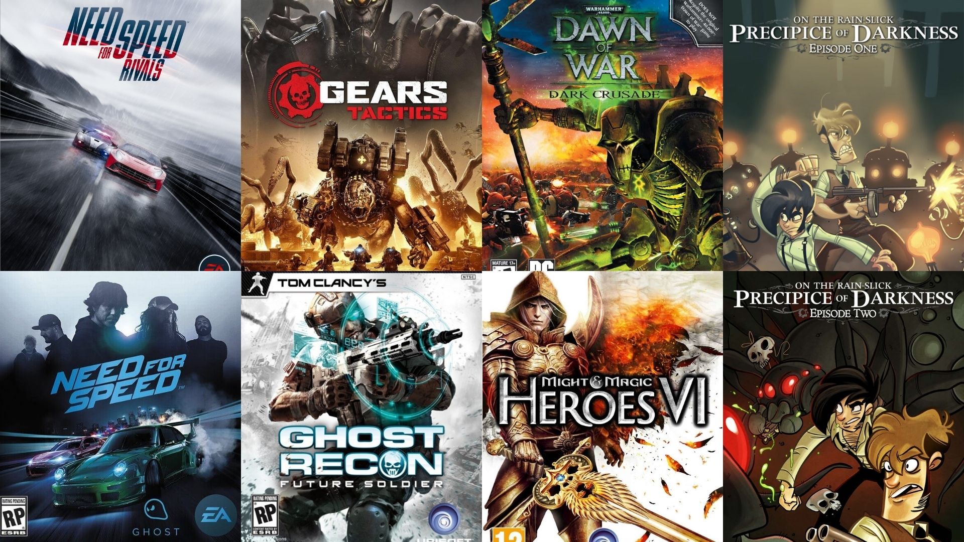 Collage of video game covers featuring dynamic action scenes, bold titles, and vivid colors. Titles include "Need for Speed" and "Gears Tactics."