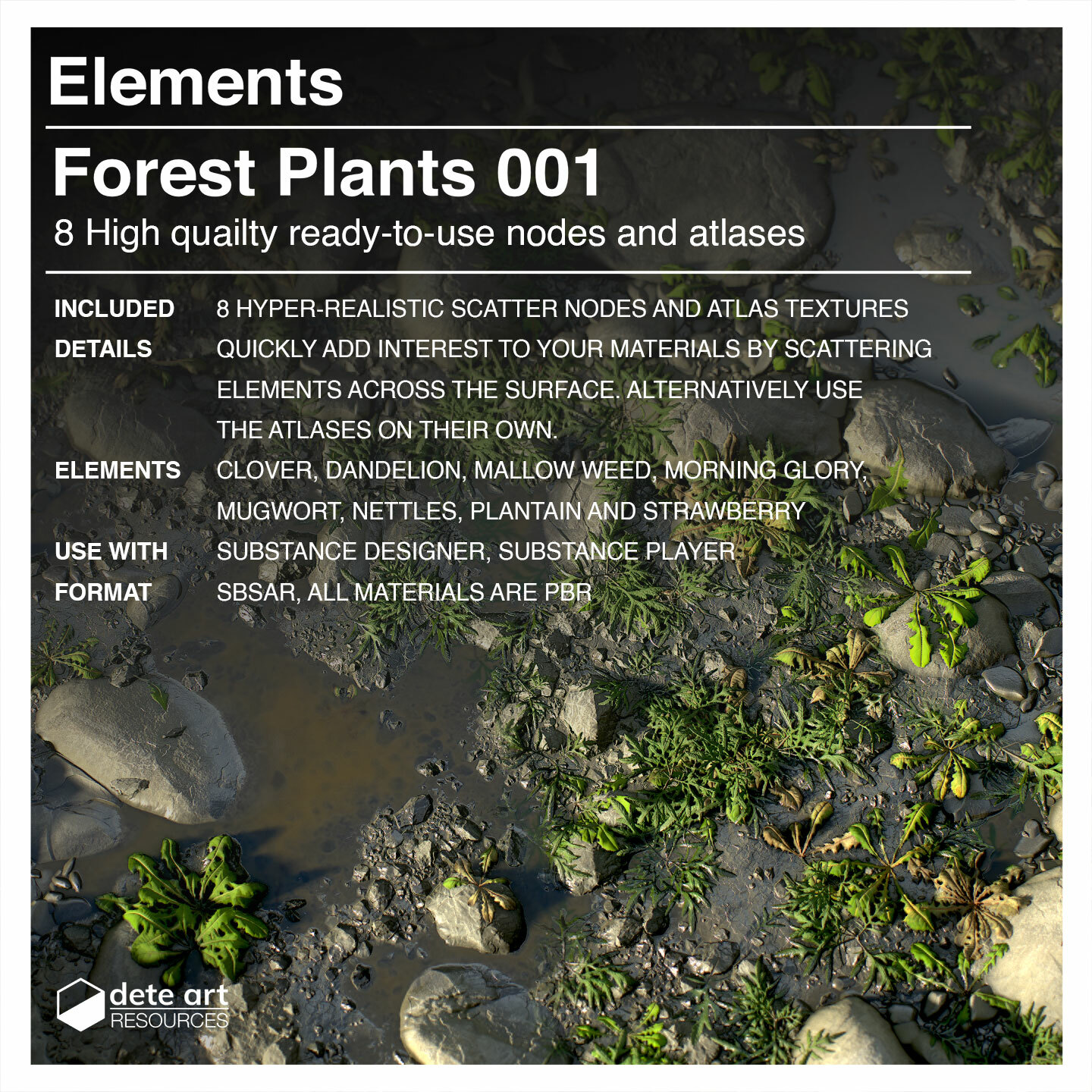 Image of forest plants on rocky soil. Text reads: "Forest Plants 001. 8 high quality nodes and atlases." Lists included scatter nodes, elements, and usage.